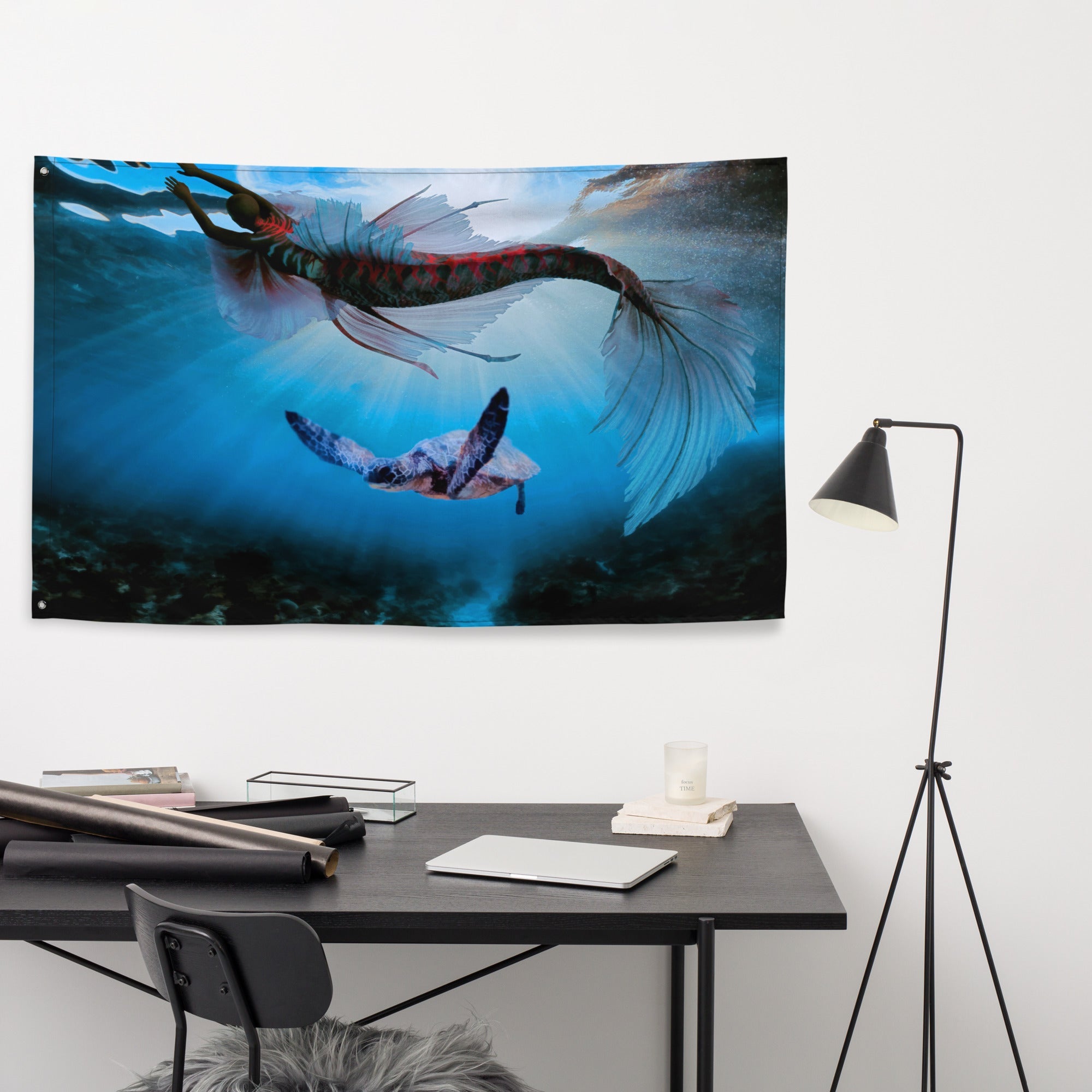 Turtle and Fish Art Flag Tapestry-4