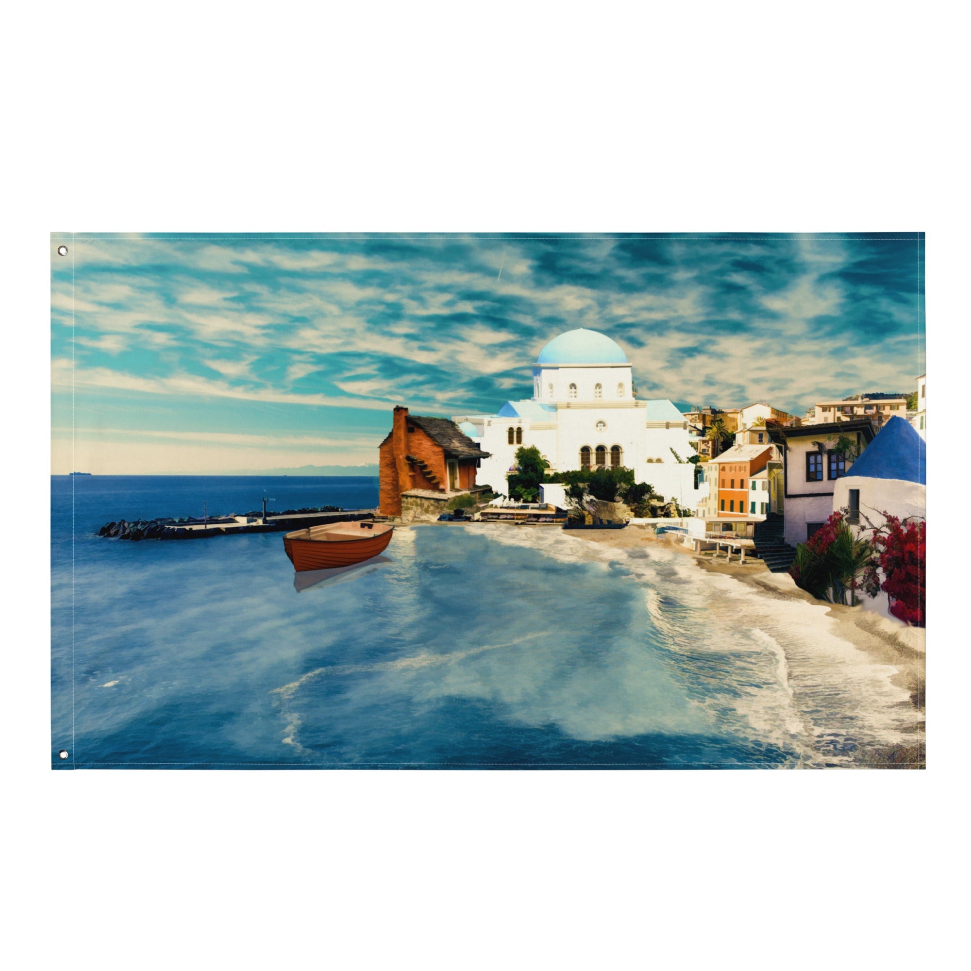 Santorini Beach Painting Flag Tapestry-0