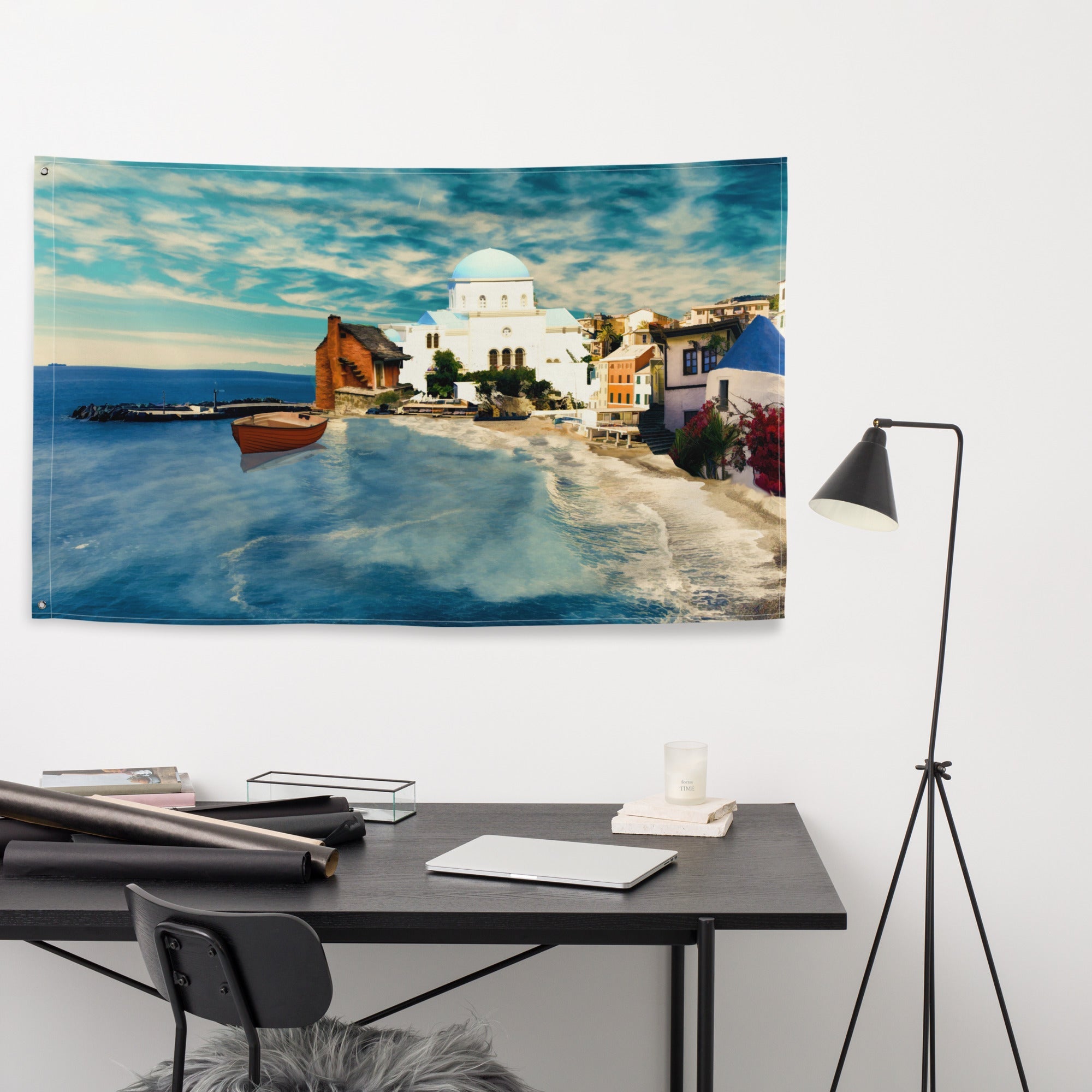 Santorini Beach Painting Flag Tapestry-3