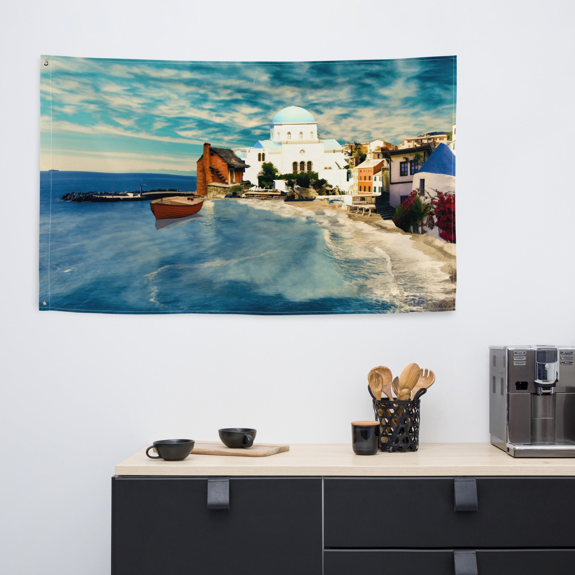 Santorini Beach Painting Flag Tapestry-4