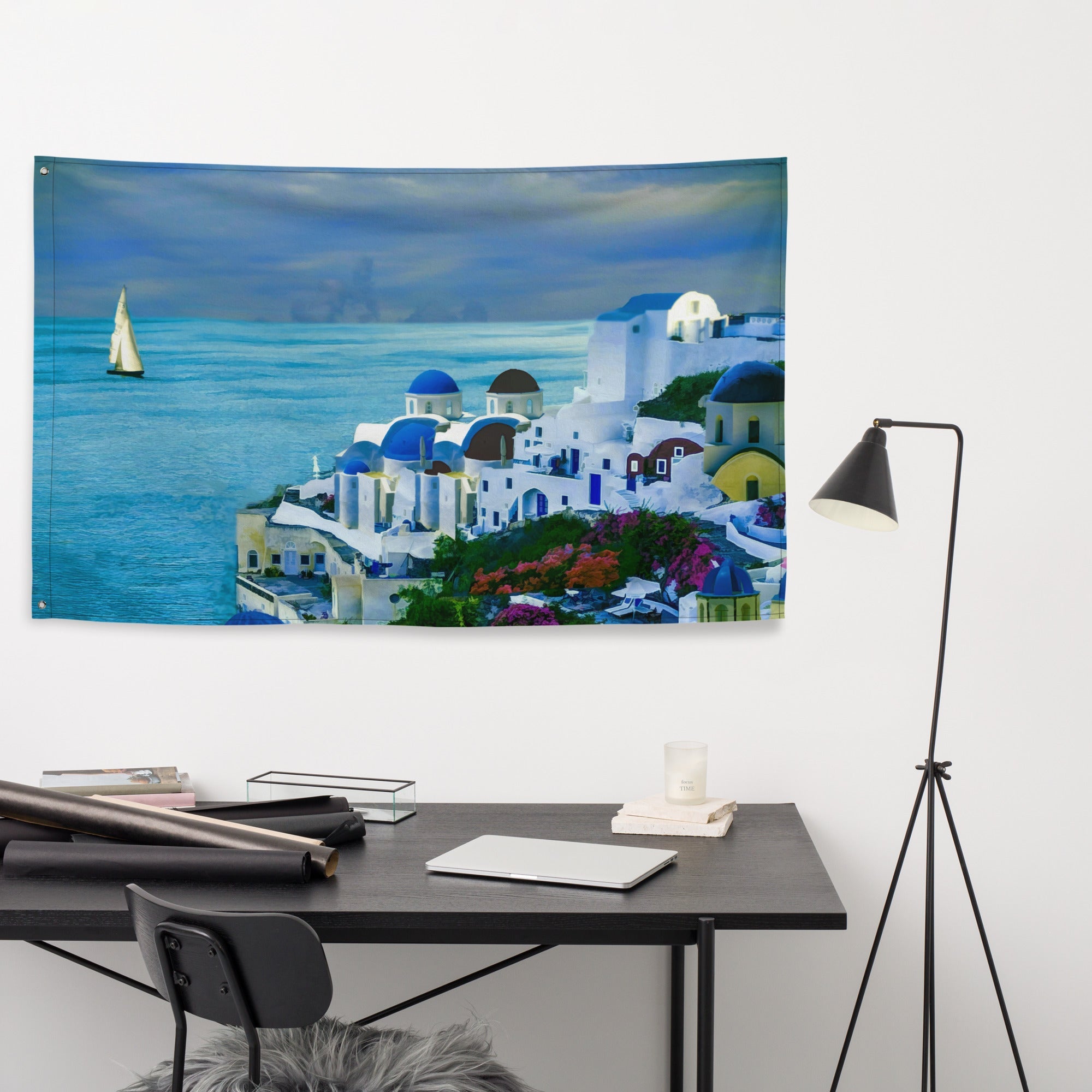 Santorini  Painting 2 Flag Tapestry-3