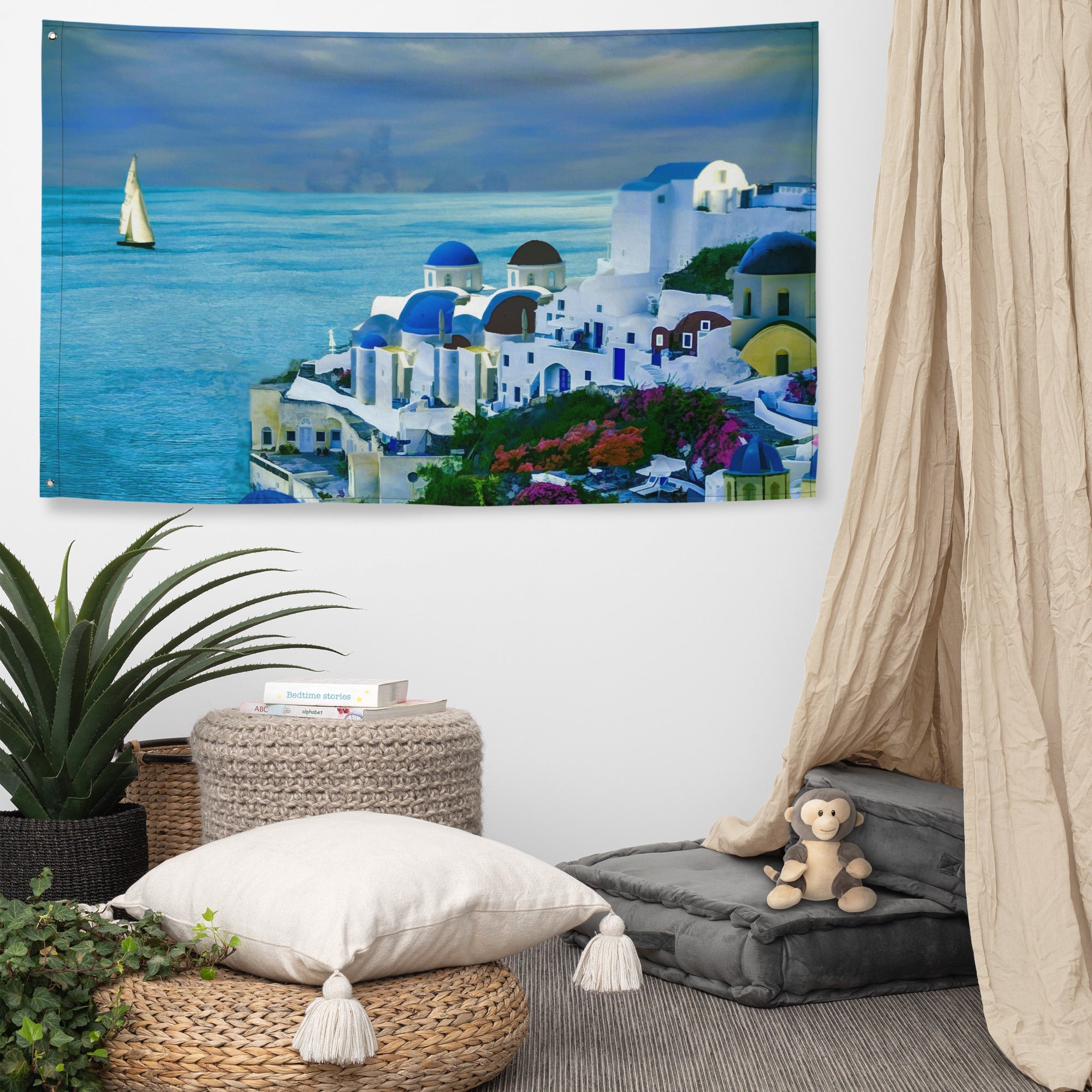 Santorini  Painting 2 Flag Tapestry-4