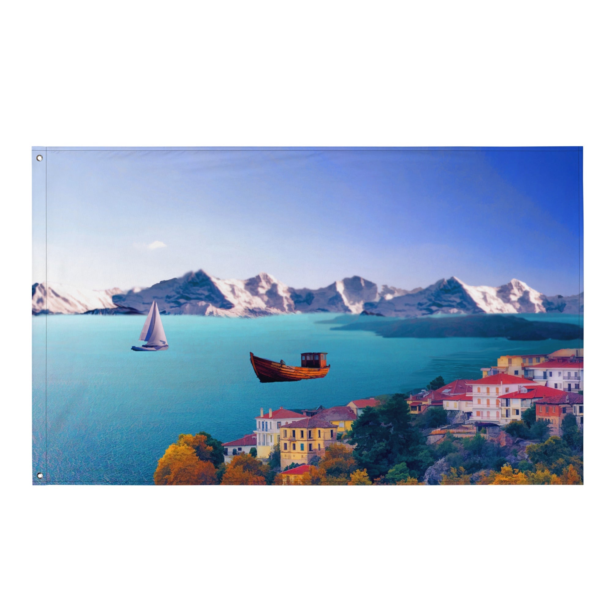 Santorini Painting  3 Flag Tapestry-0