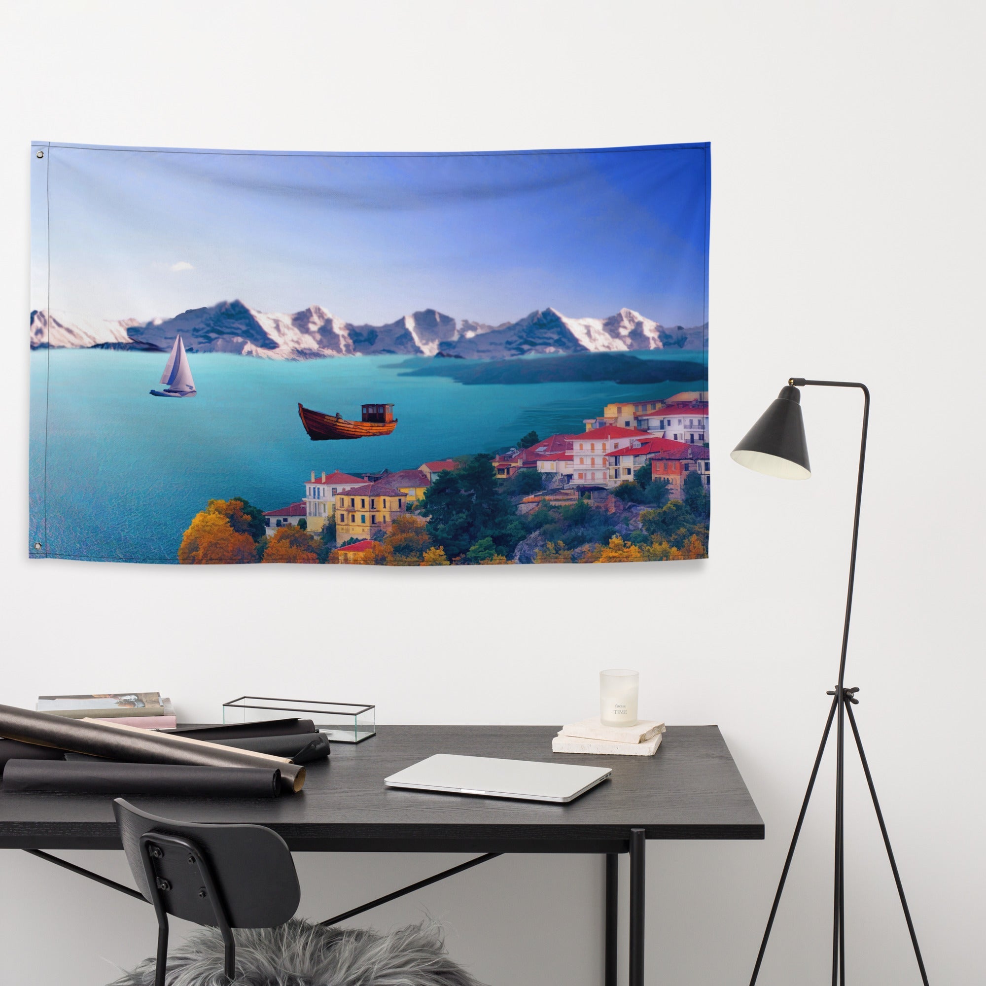 Santorini Painting  3 Flag Tapestry-3