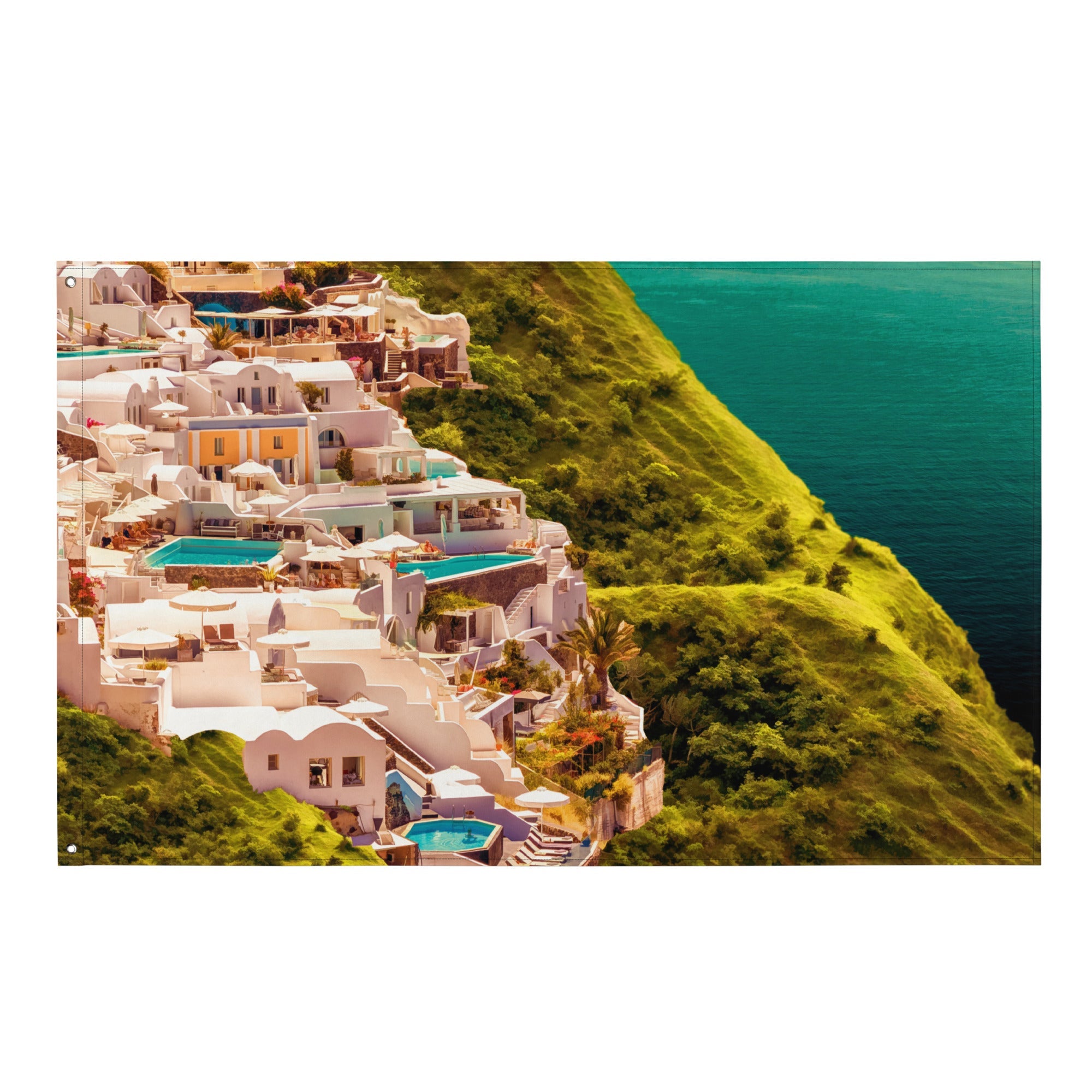 Santorini Oil Painting Flag Tapestry-0