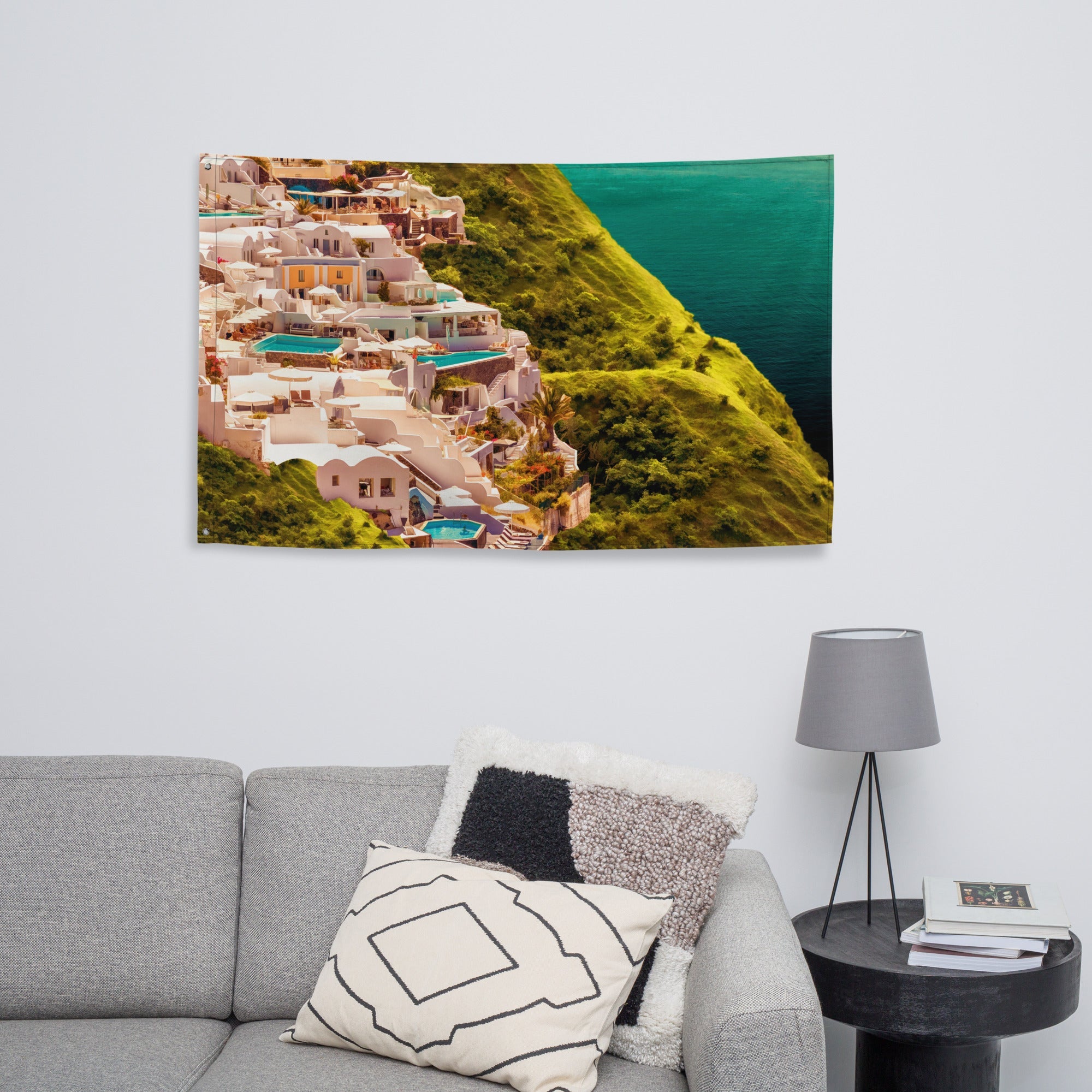 Santorini Oil Painting Flag Tapestry-3