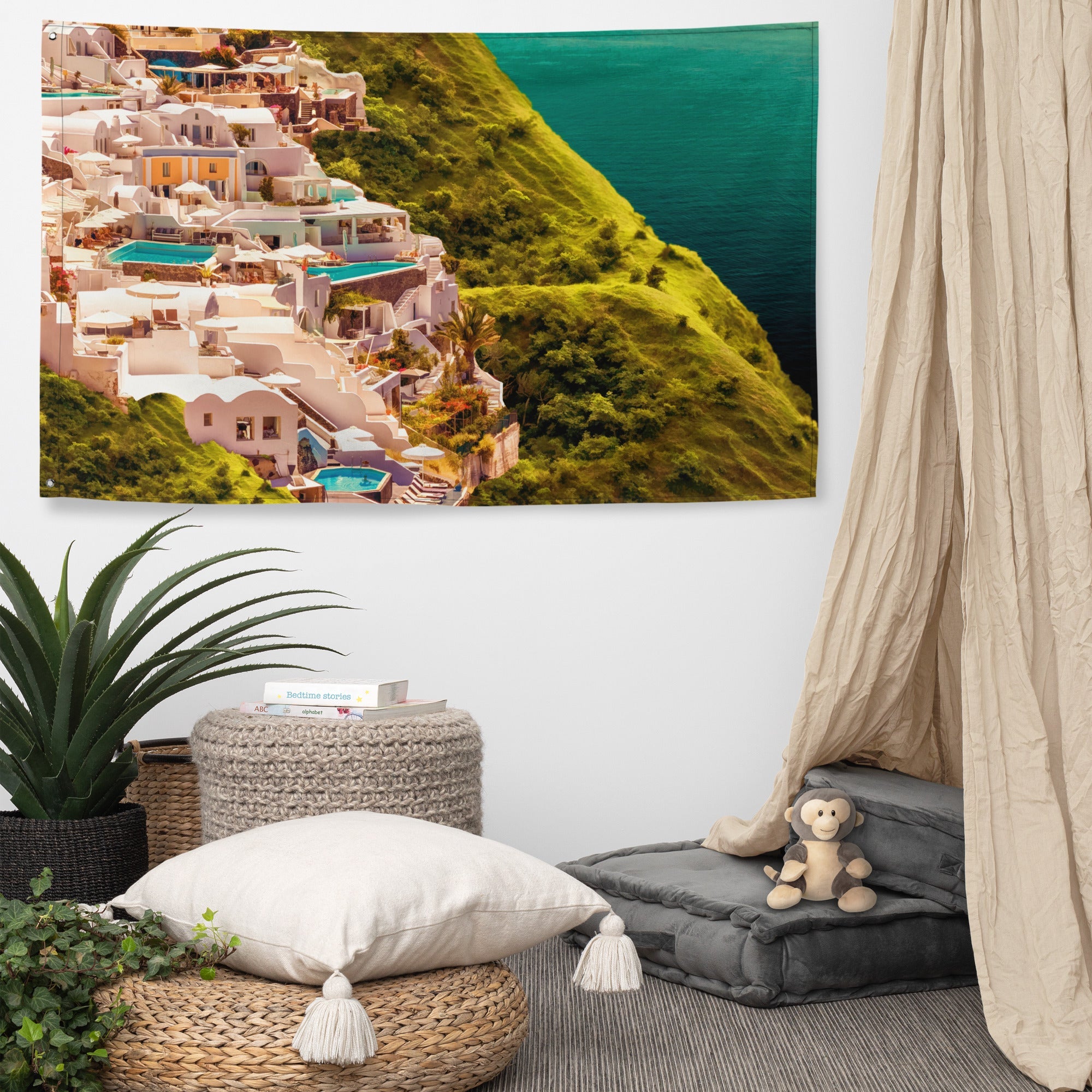 Santorini Oil Painting Flag Tapestry-4