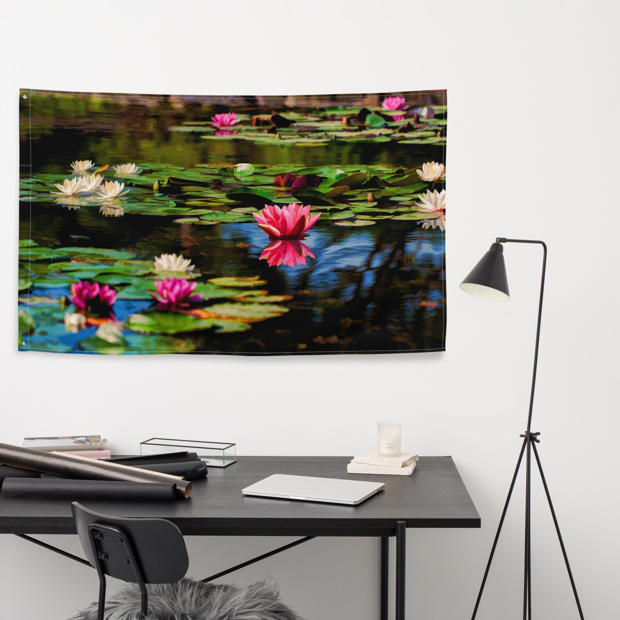 Lily flower in Pond Painting Flag Tapestry-3