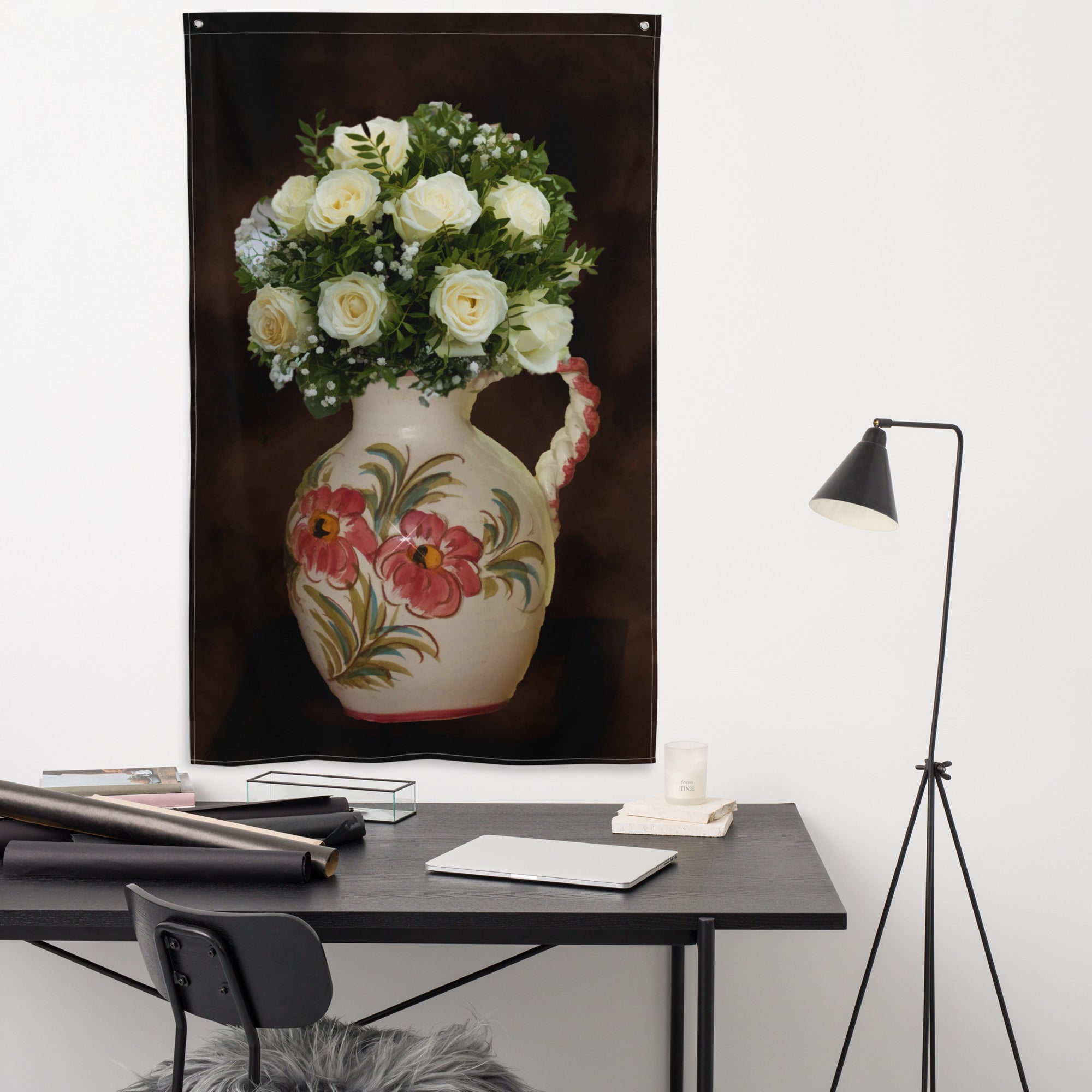 White Rose Flowers Painting Flag Tapestry-3