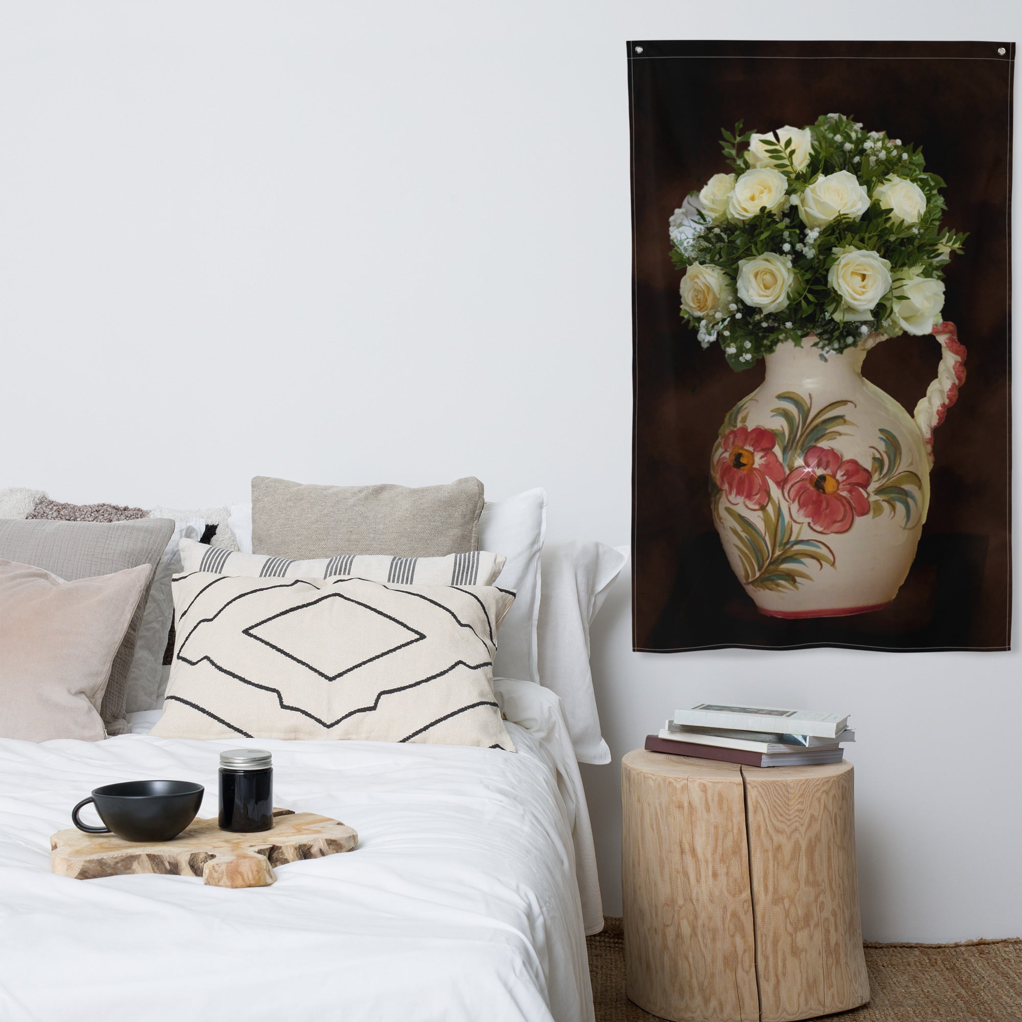 White Rose Flowers Painting Flag Tapestry-4