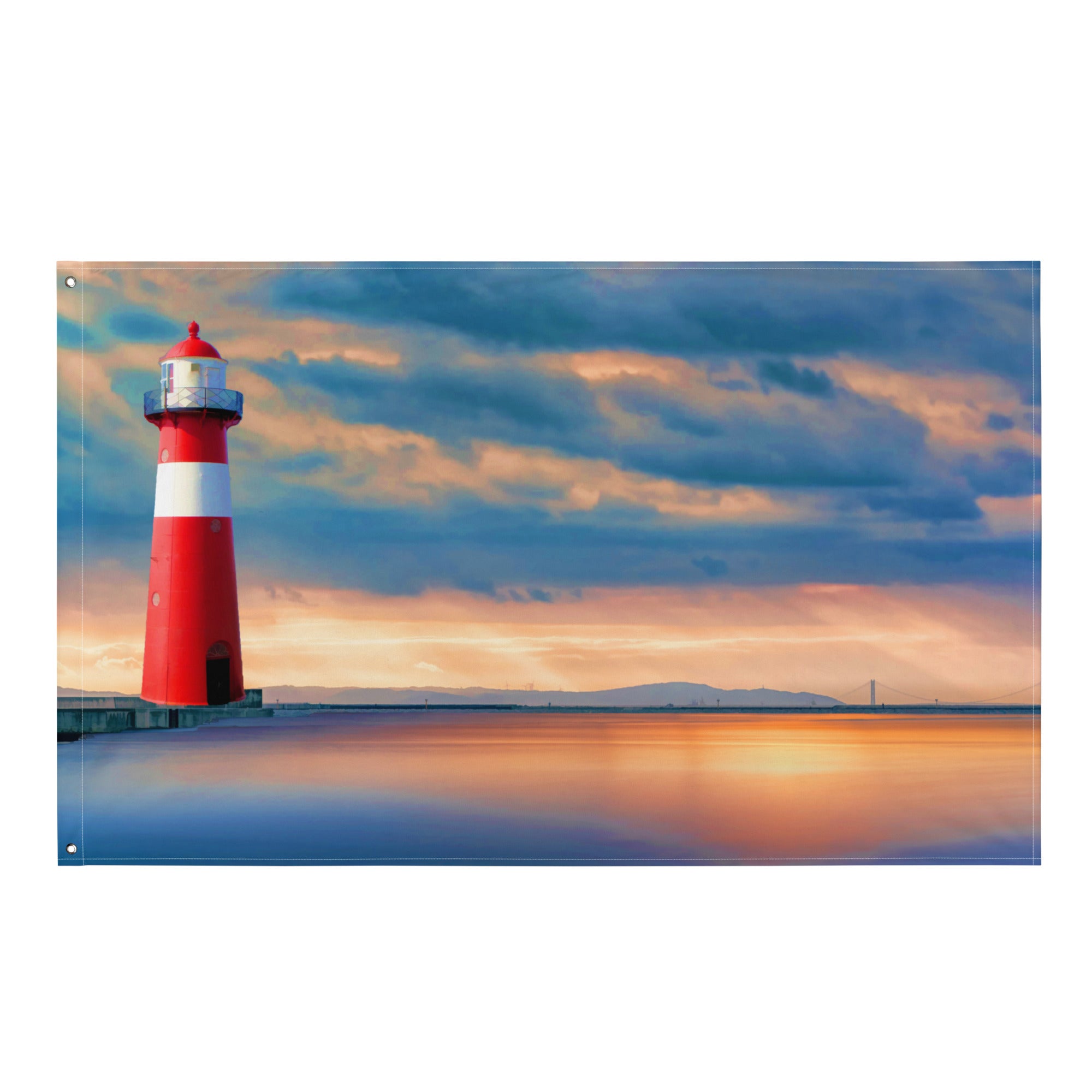 Lighthouse Sunset  Painting Flag Tapestry-0
