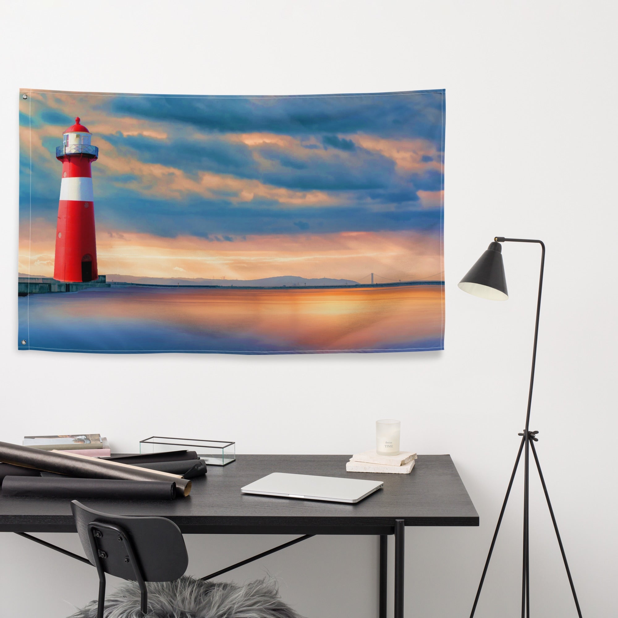Lighthouse Sunset  Painting Flag Tapestry-3