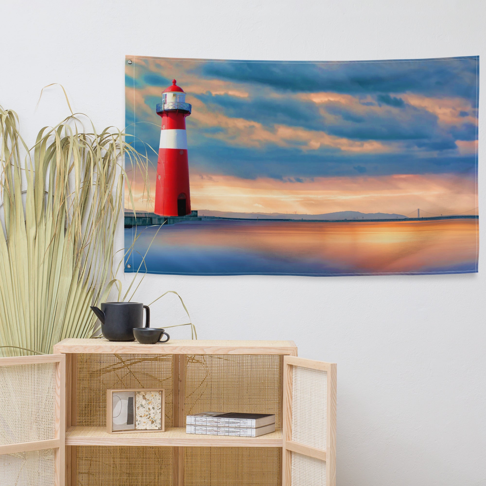 Lighthouse Sunset  Painting Flag Tapestry-4