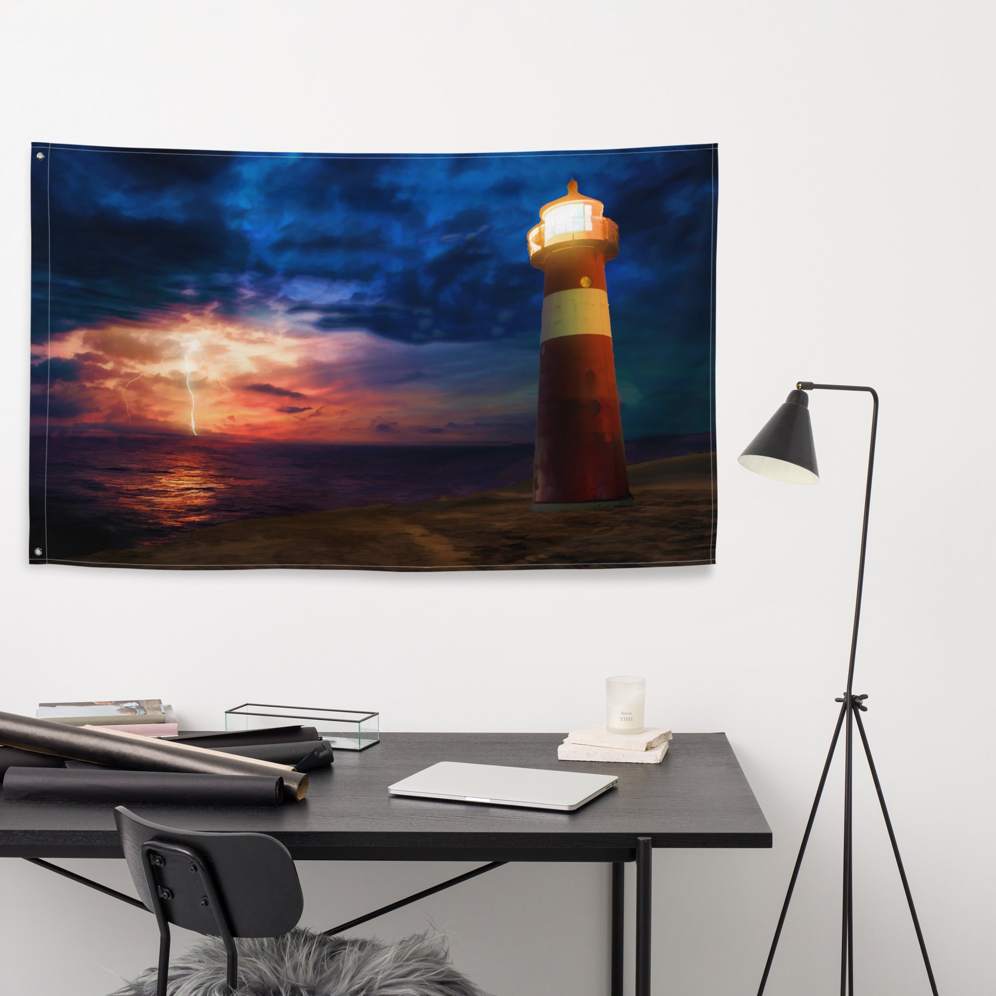 Lighthouse Lightning Painting Flag Tapestry-3