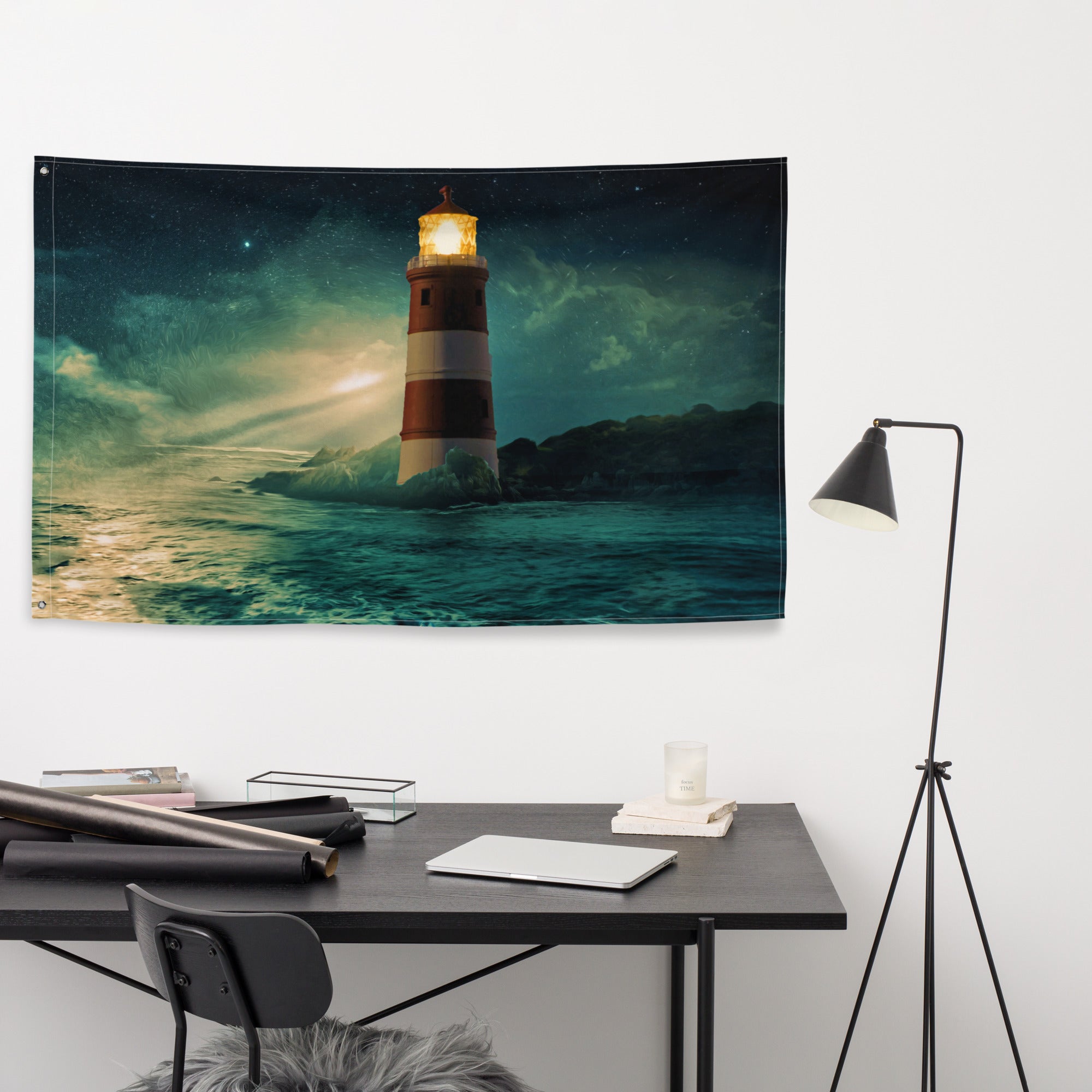Lighthouse  in Storm Painting Flag Tapestry-3