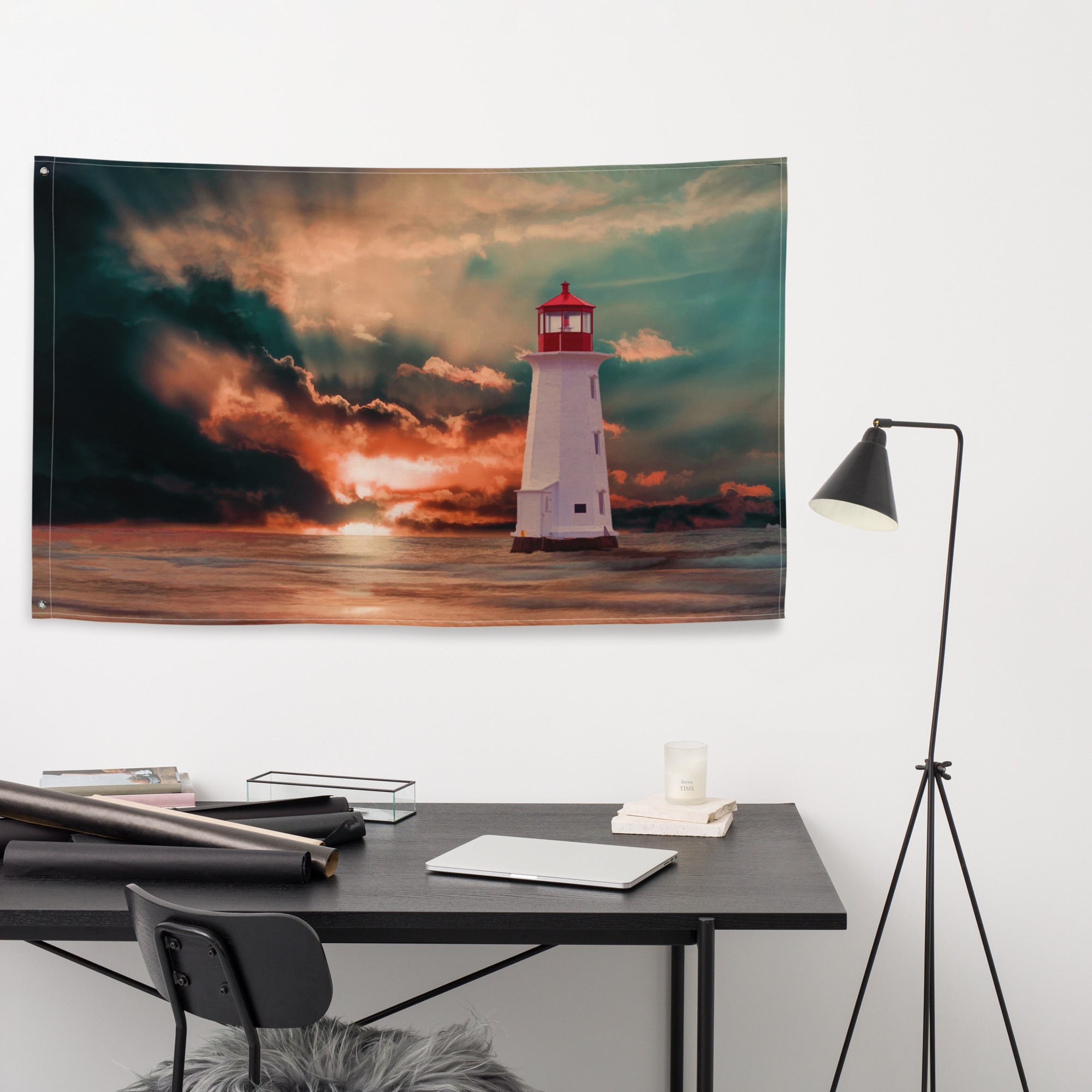 Vinatge Lighthouse Painting 2 Flag Tapestry-3