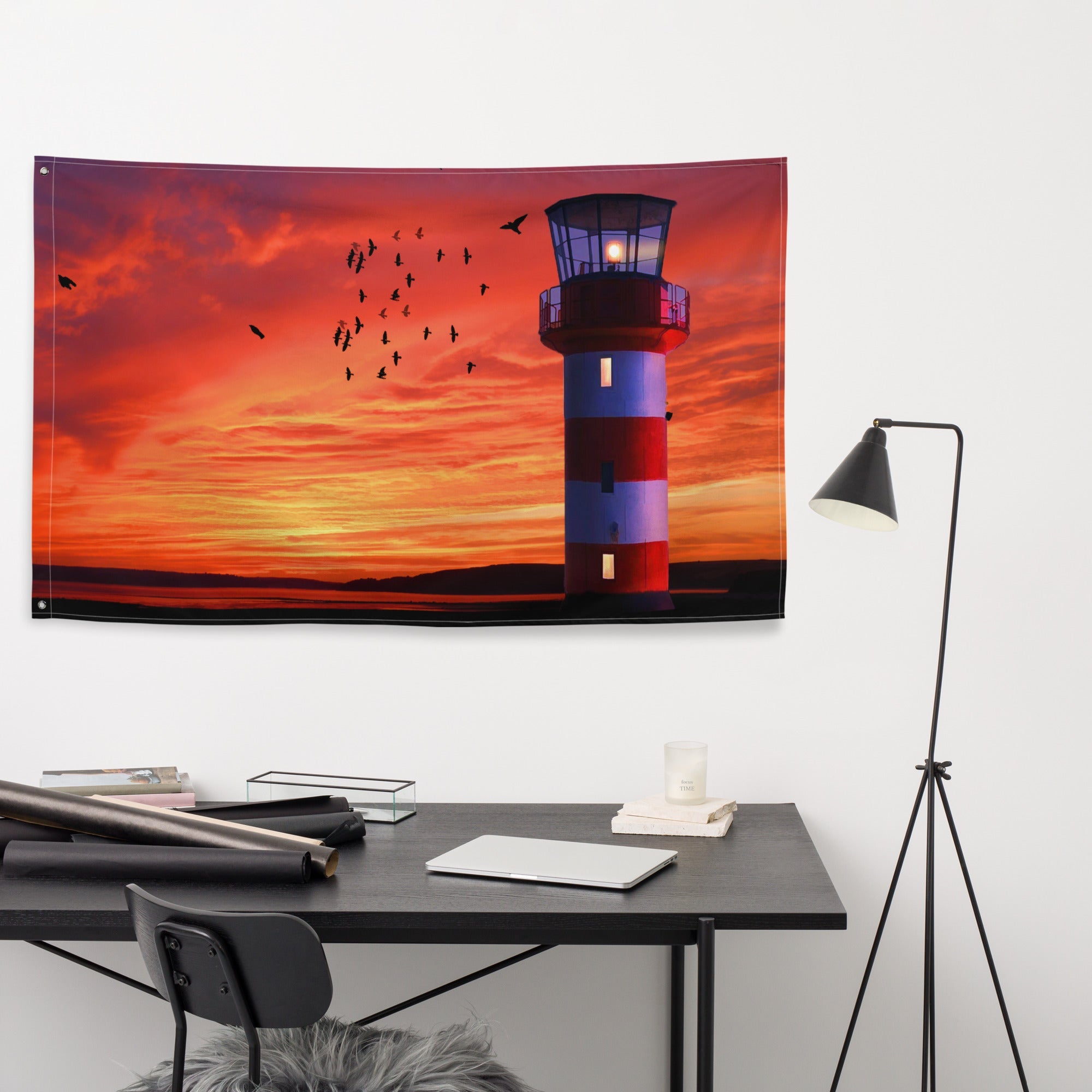 Lighthouse Sunset Painting 2 Flag Tapestry-3