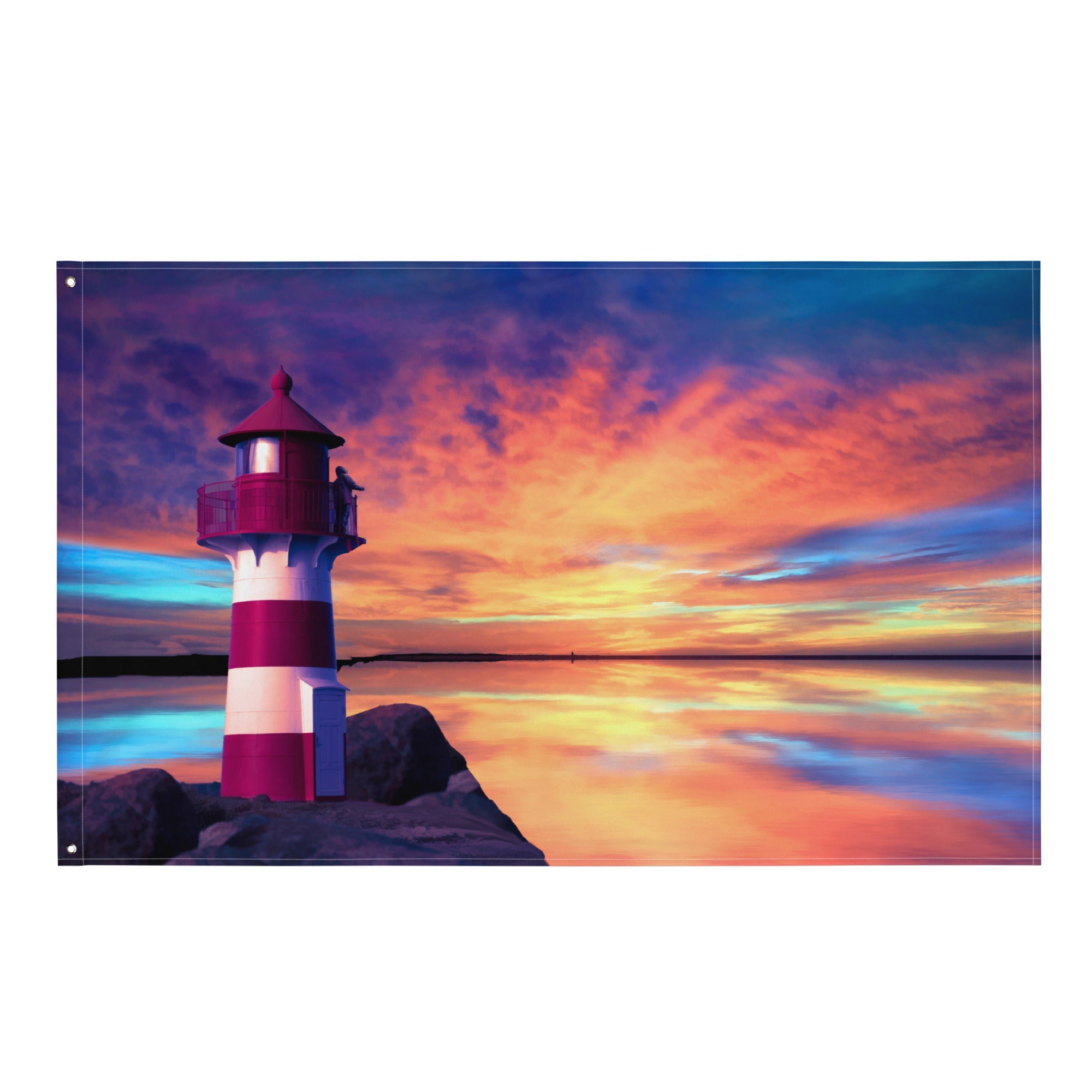 Red And White Lighthouse Painting Flag Tapestry-0