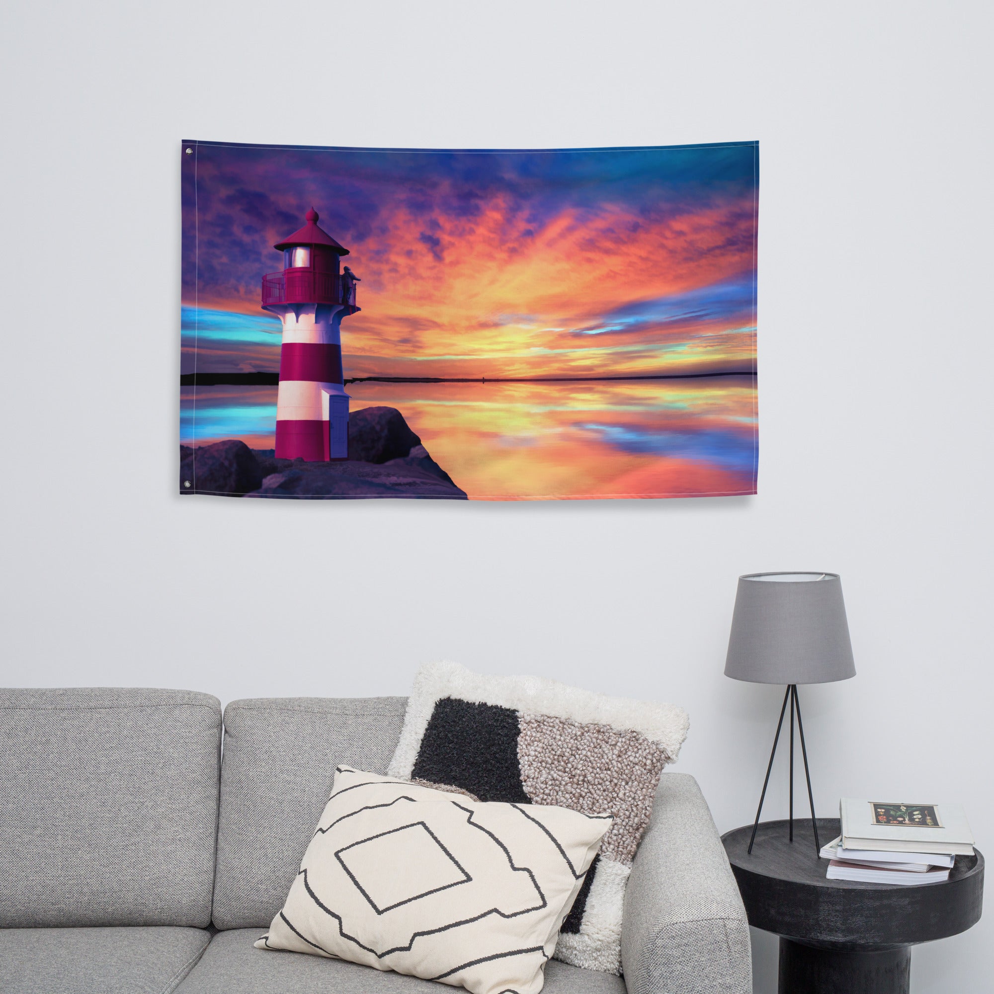 Red And White Lighthouse Painting Flag Tapestry-3