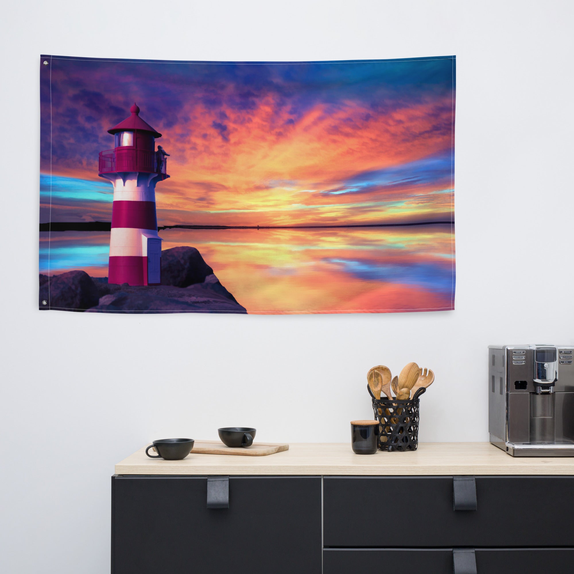 Red And White Lighthouse Painting Flag Tapestry-4