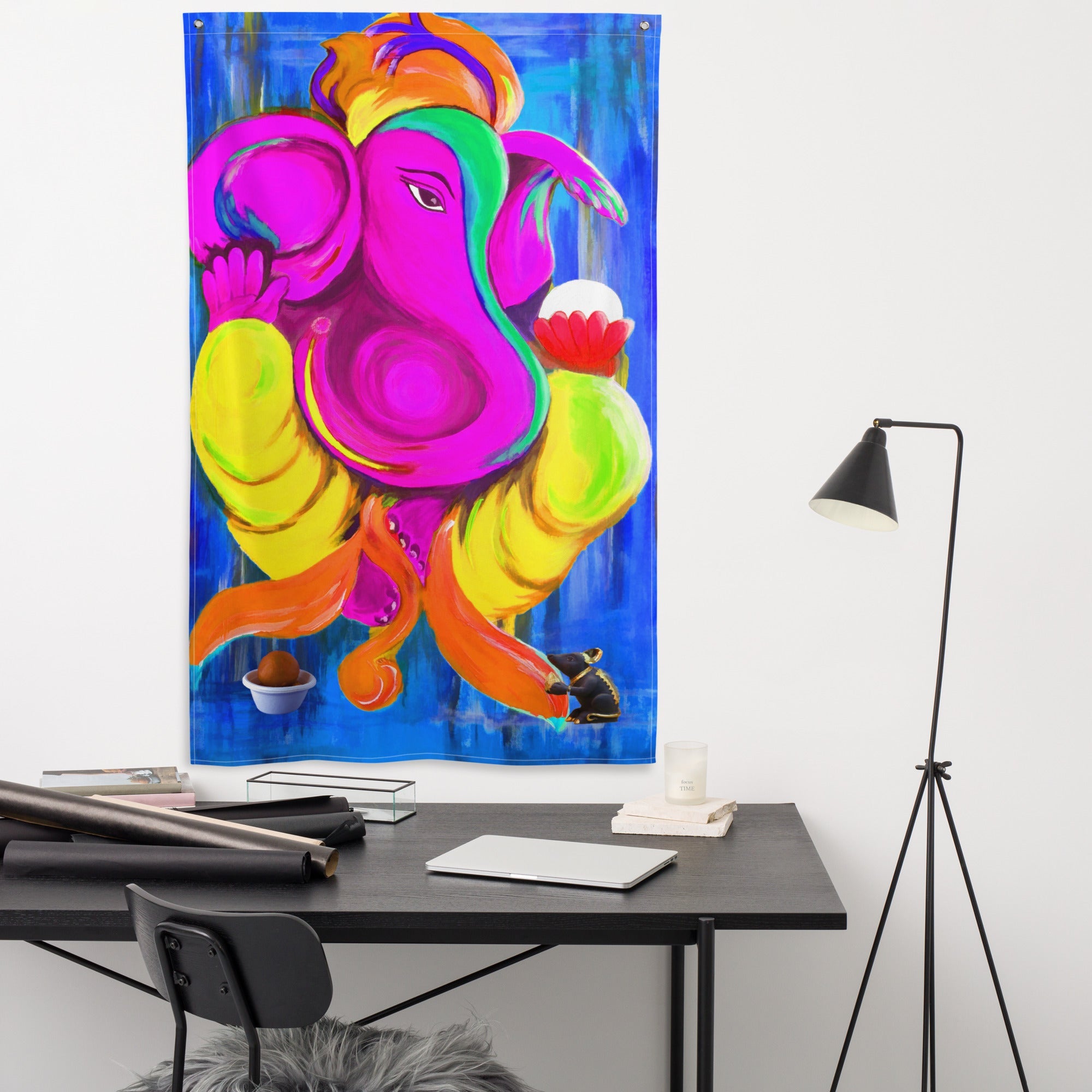 Ganesha Pink Painting Flag Tapestry-3