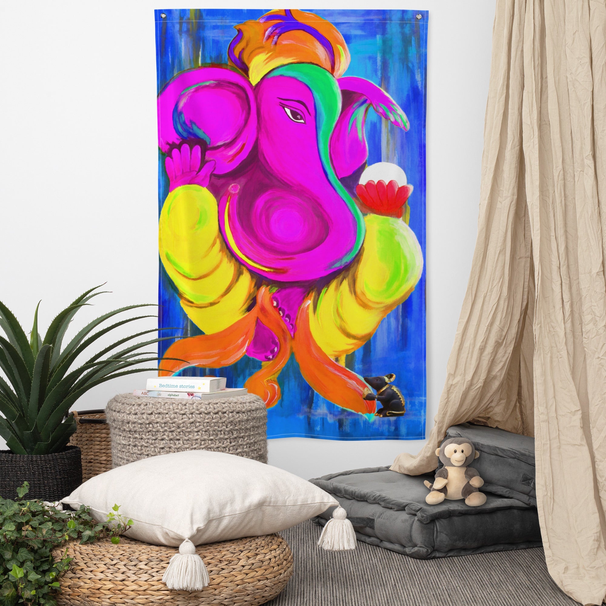 Ganesha Pink Painting Flag Tapestry-4
