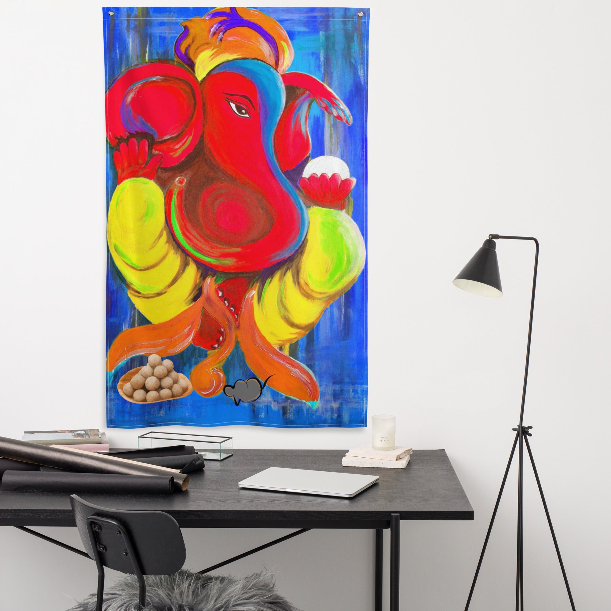 Ganesha Blue Painting Flag Tapestry-3