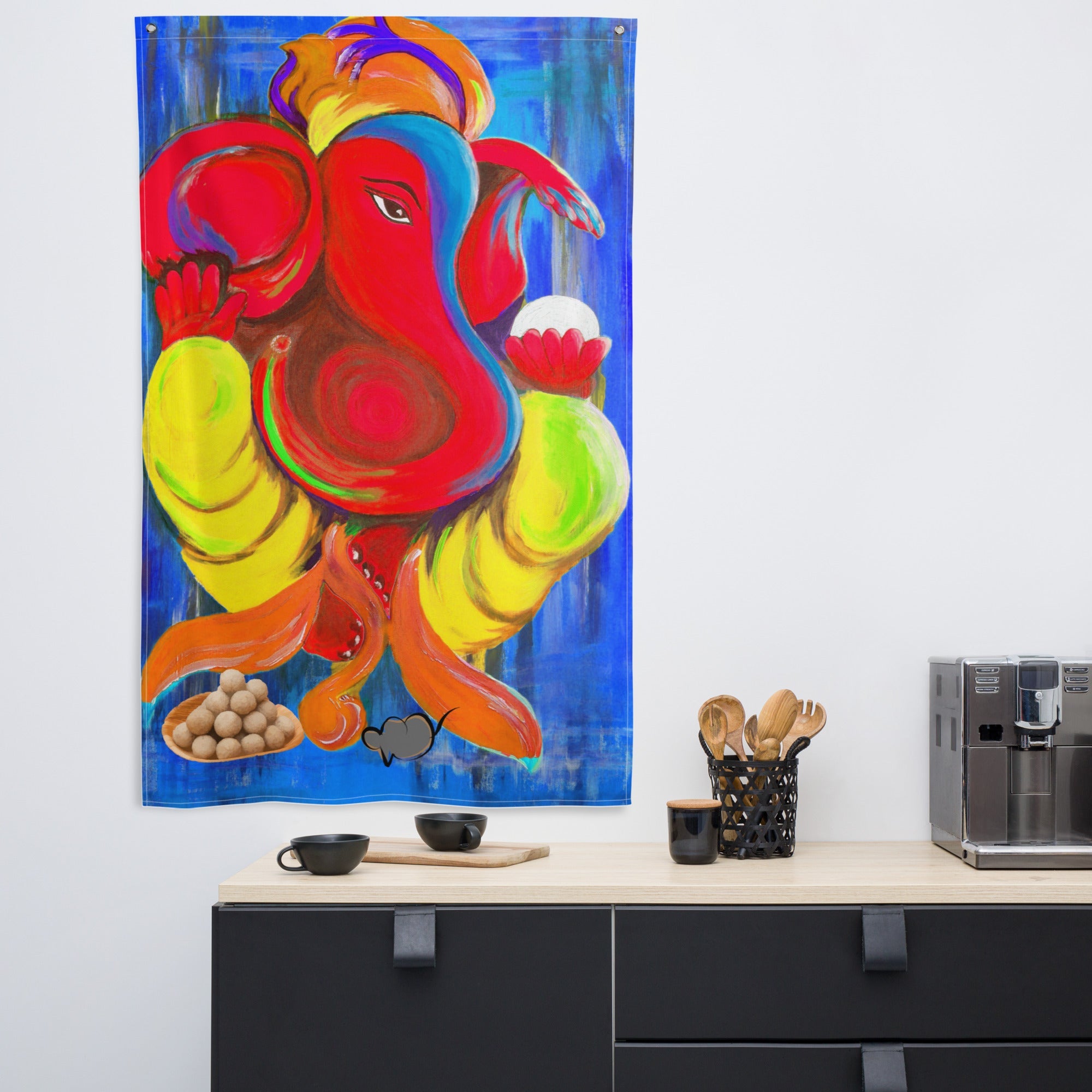 Ganesha Blue Painting Flag Tapestry-4