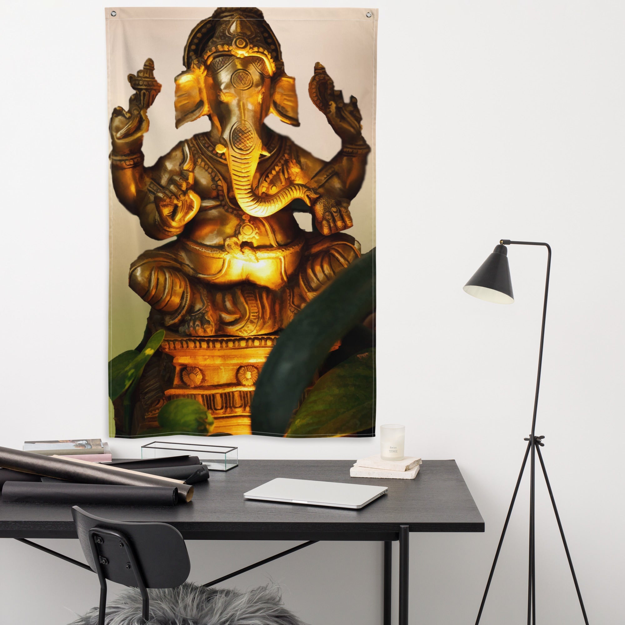 Ganesha Gold  Painting Flag Tapestry-3