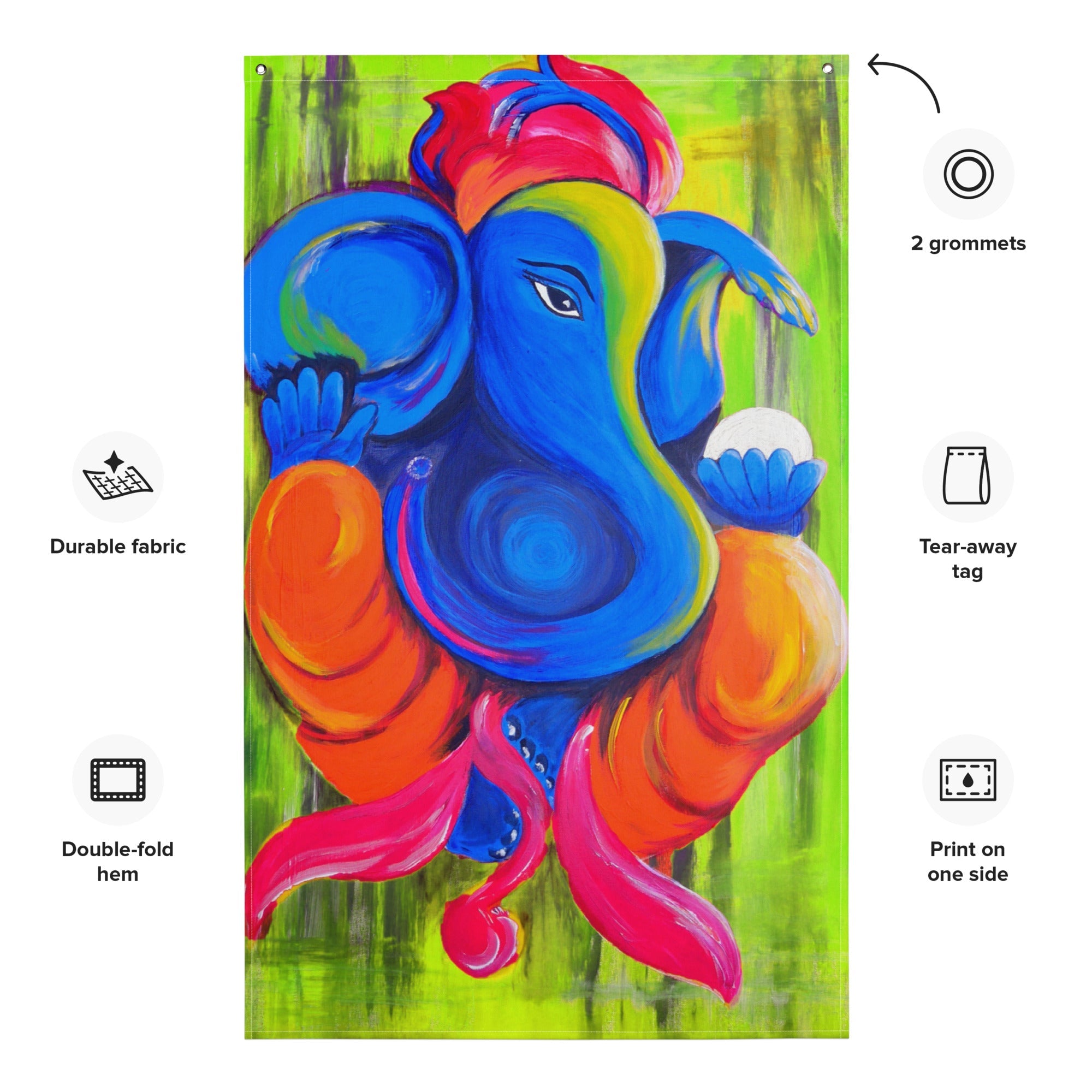 Ganesha Green Painting Flag Tapestry-1