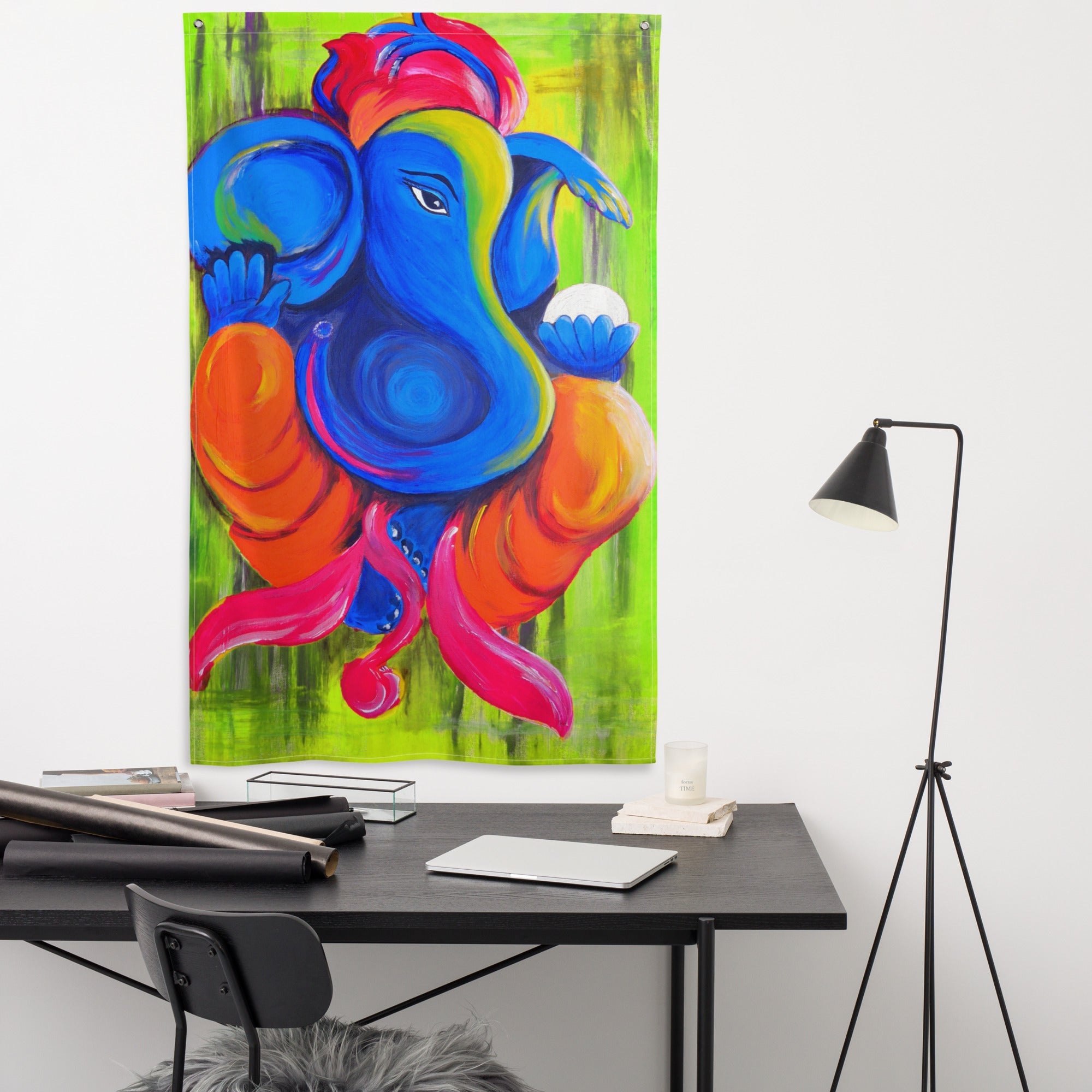 Ganesha Green Painting Flag Tapestry-3