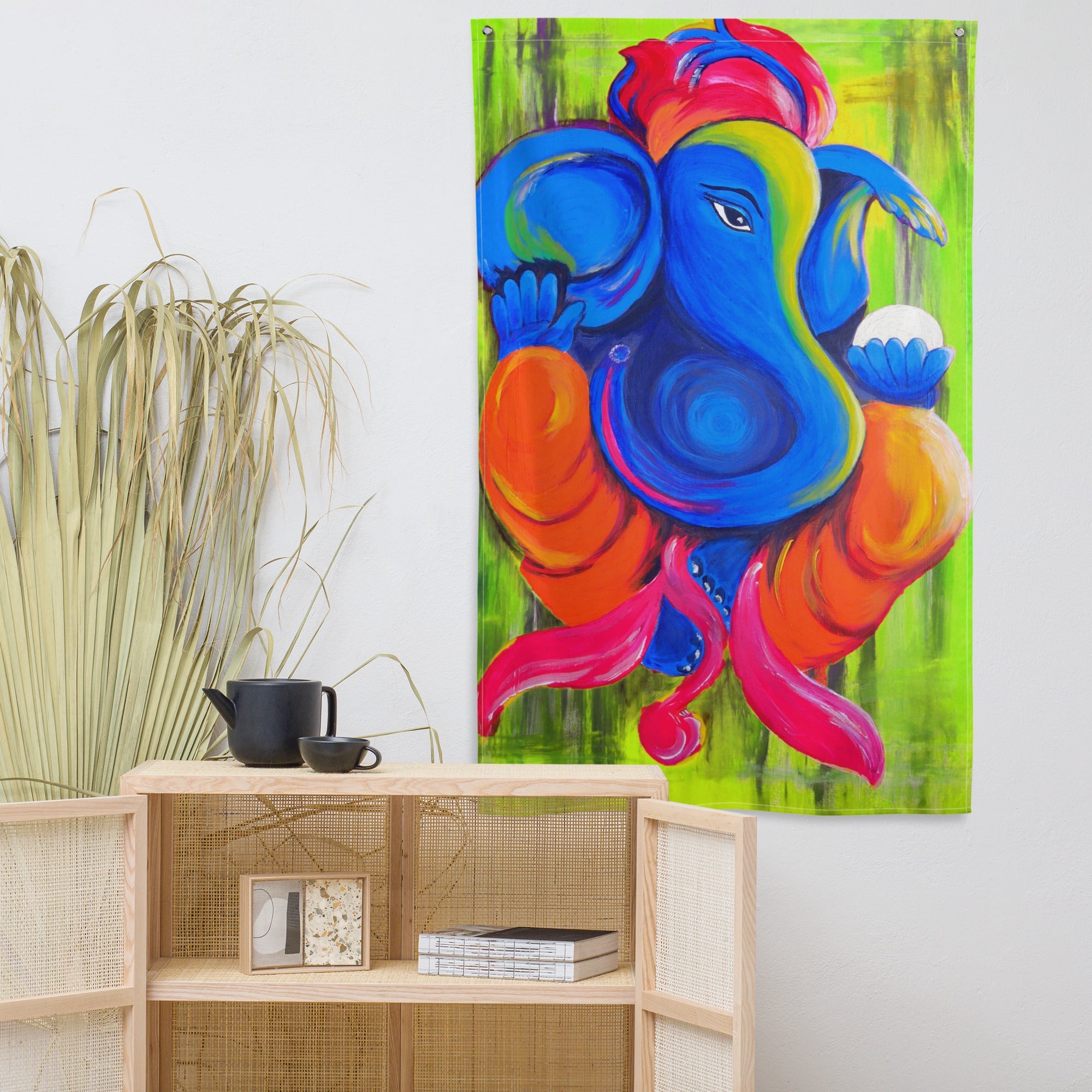 Ganesha Green Painting Flag Tapestry-4