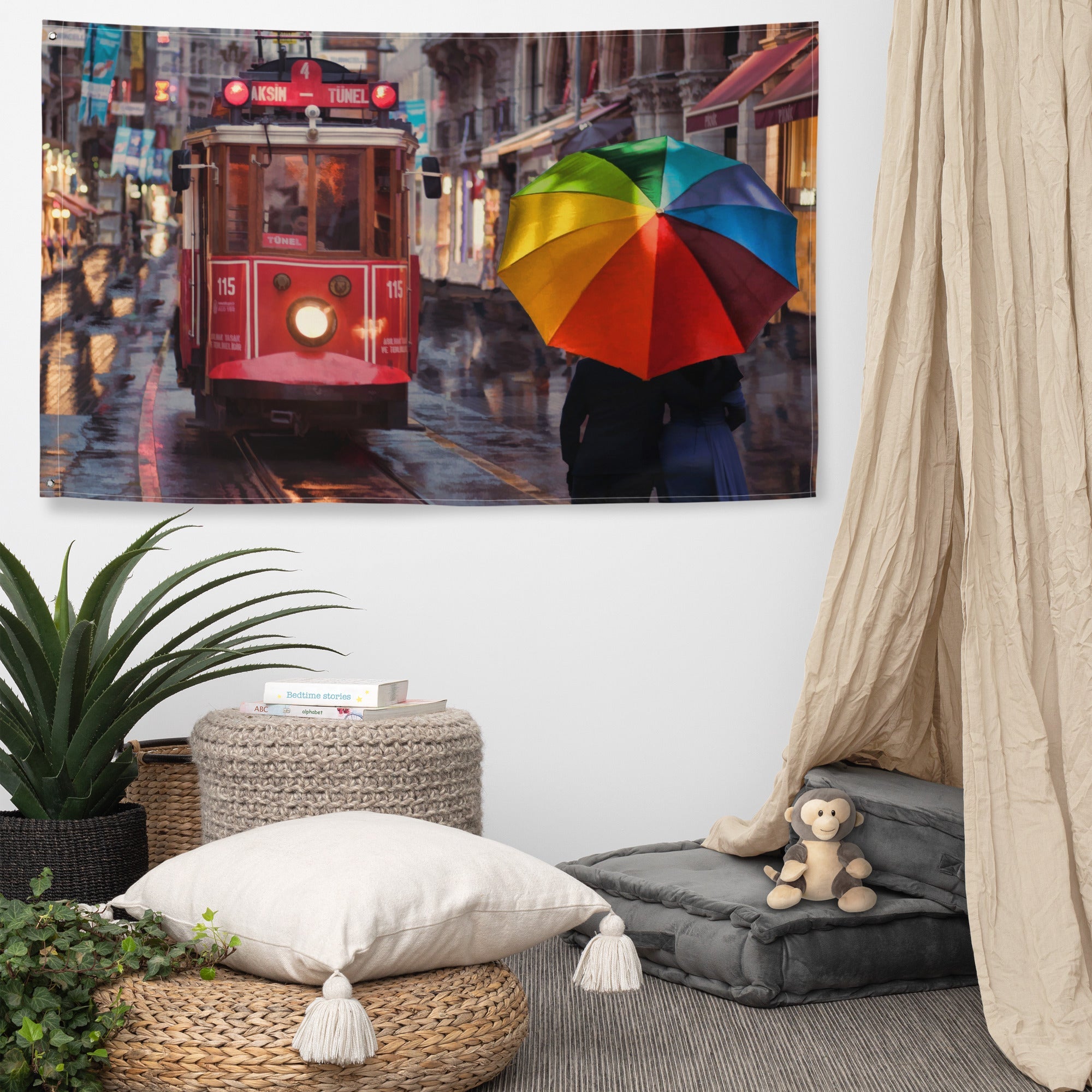 Street Tram Painting Flag Tapestry-4