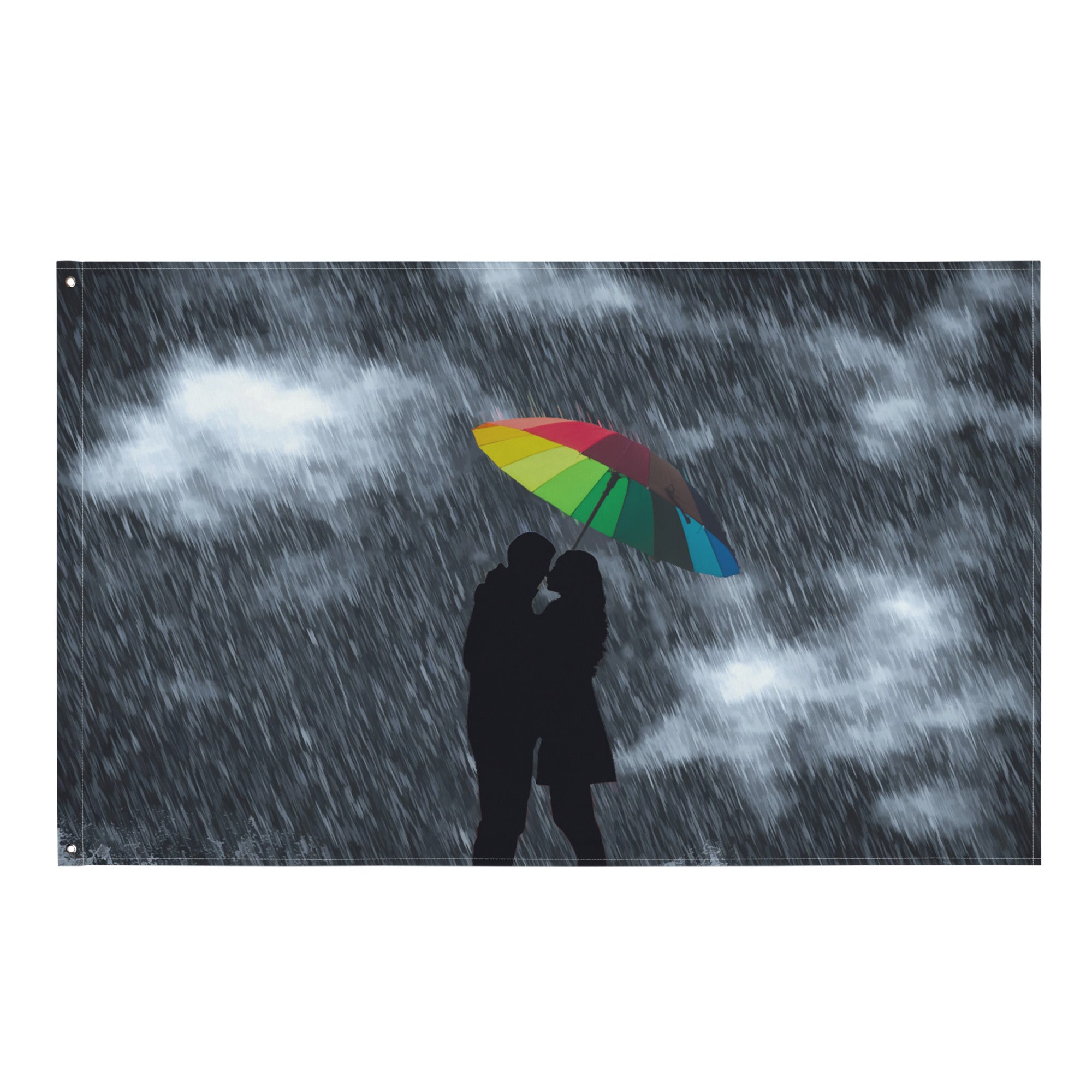 Love in Rain Couple Umbrella Painting Flag Tapestry-0