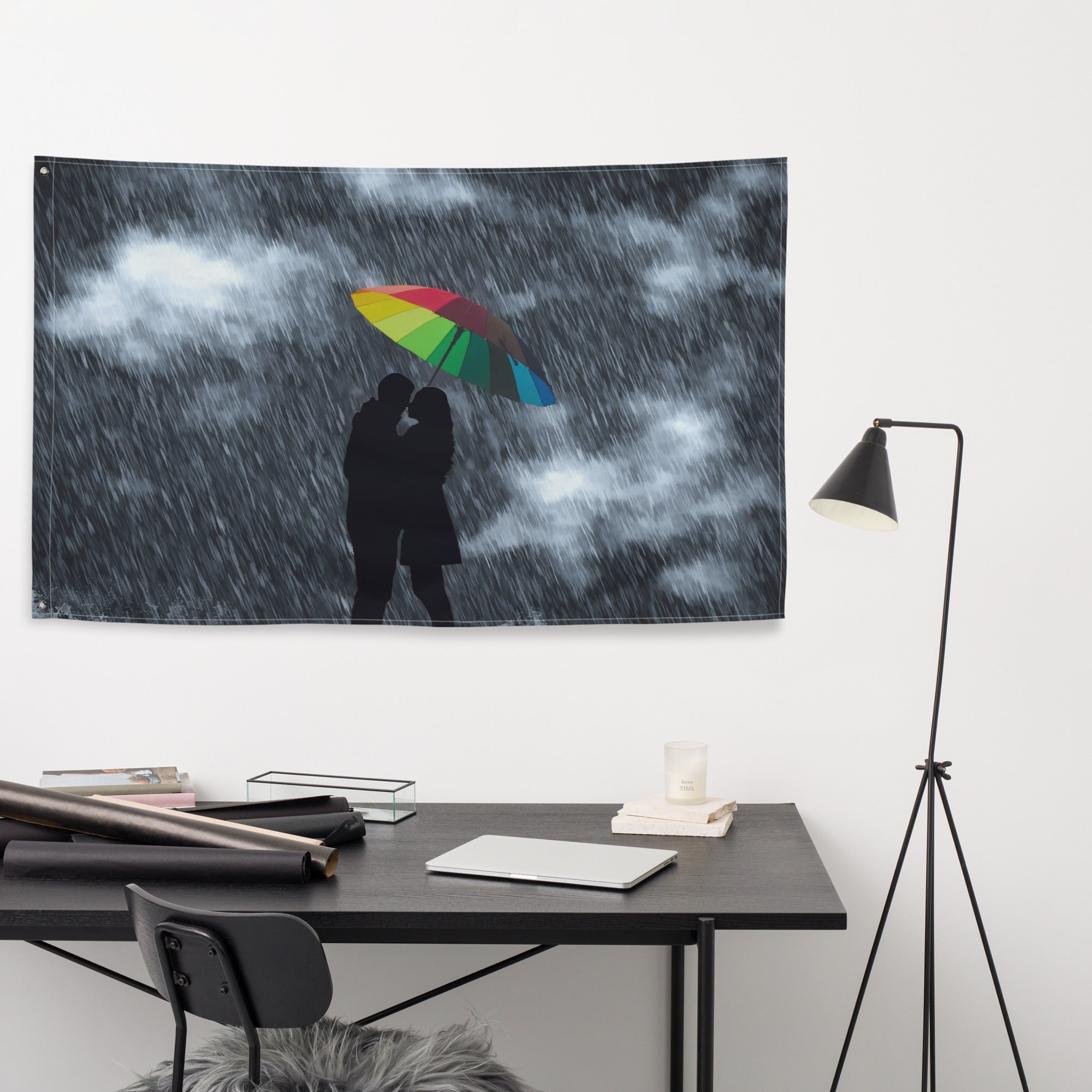 Love in Rain Couple Umbrella Painting Flag Tapestry-3