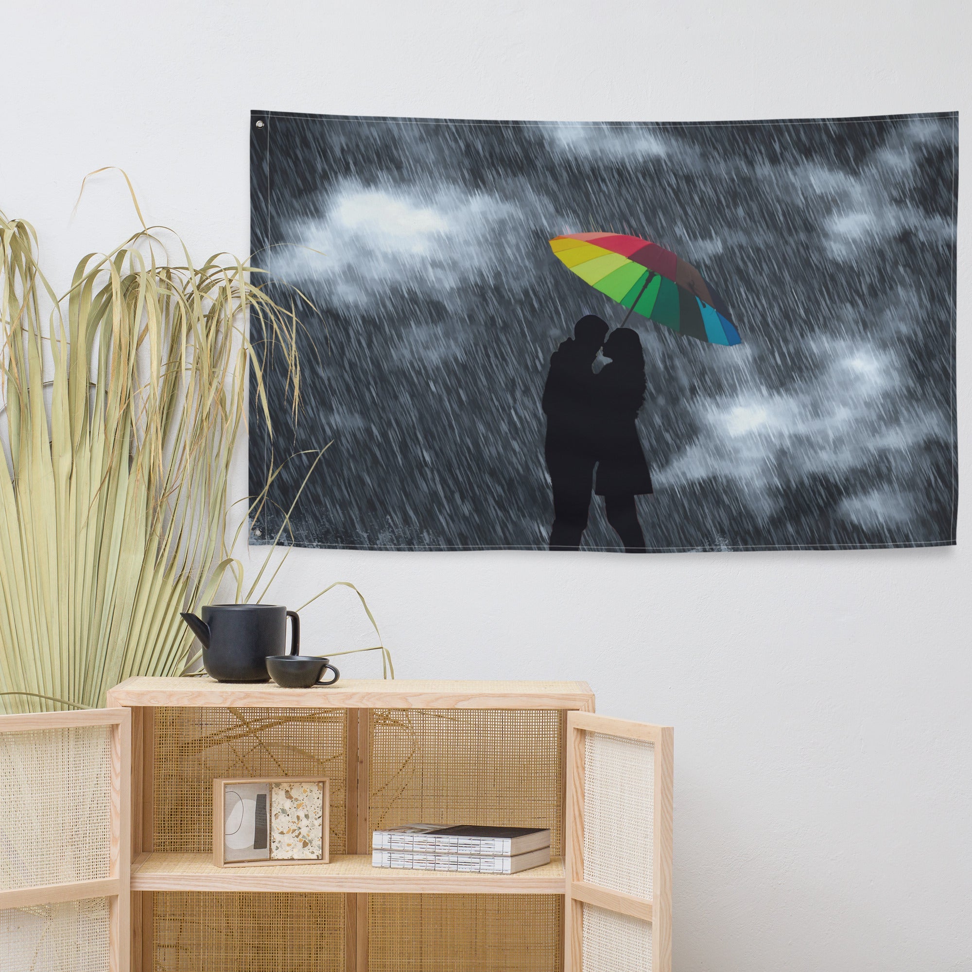 Love in Rain Couple Umbrella Painting Flag Tapestry-4