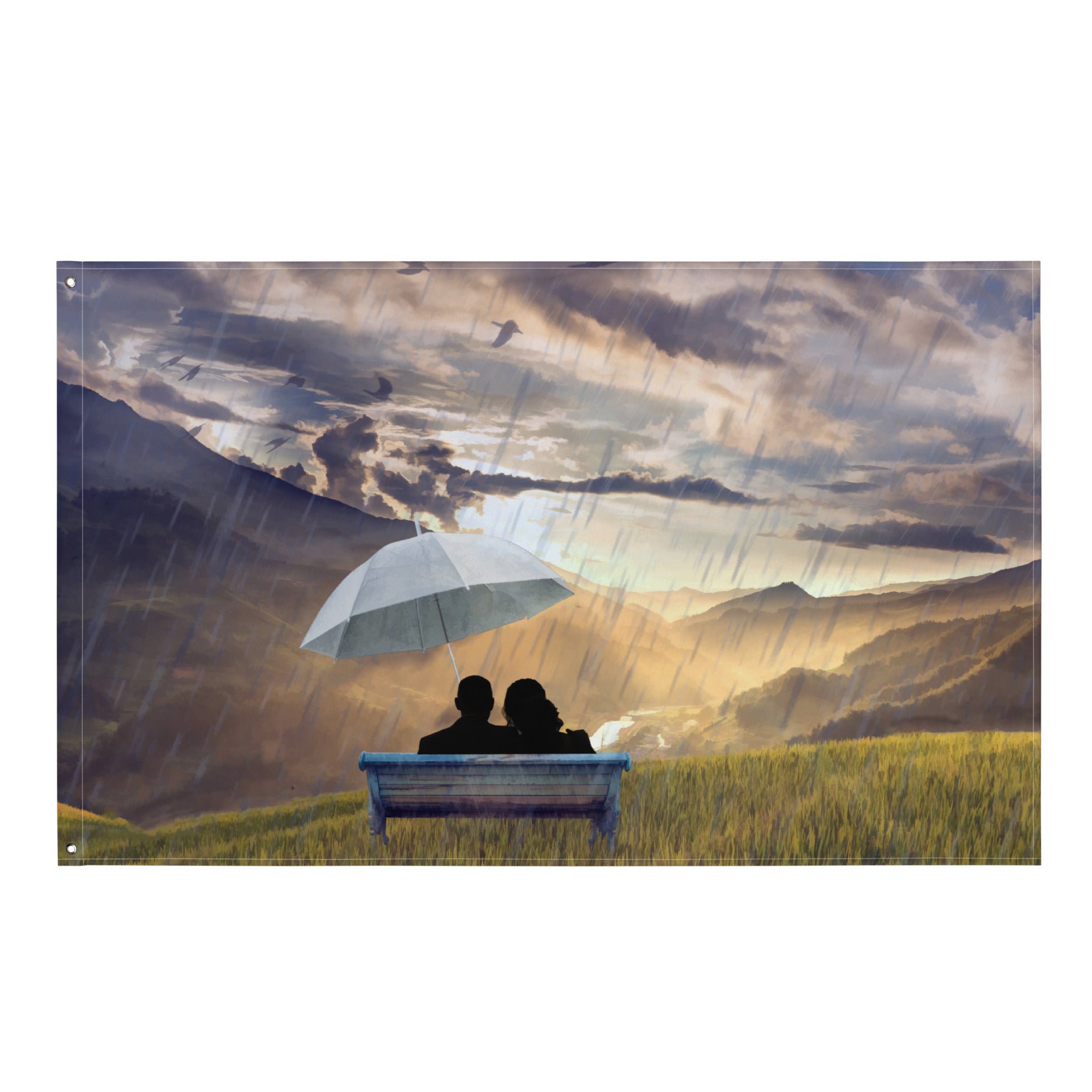 Love in Rain  Couple Painting Flag Tapestry-0