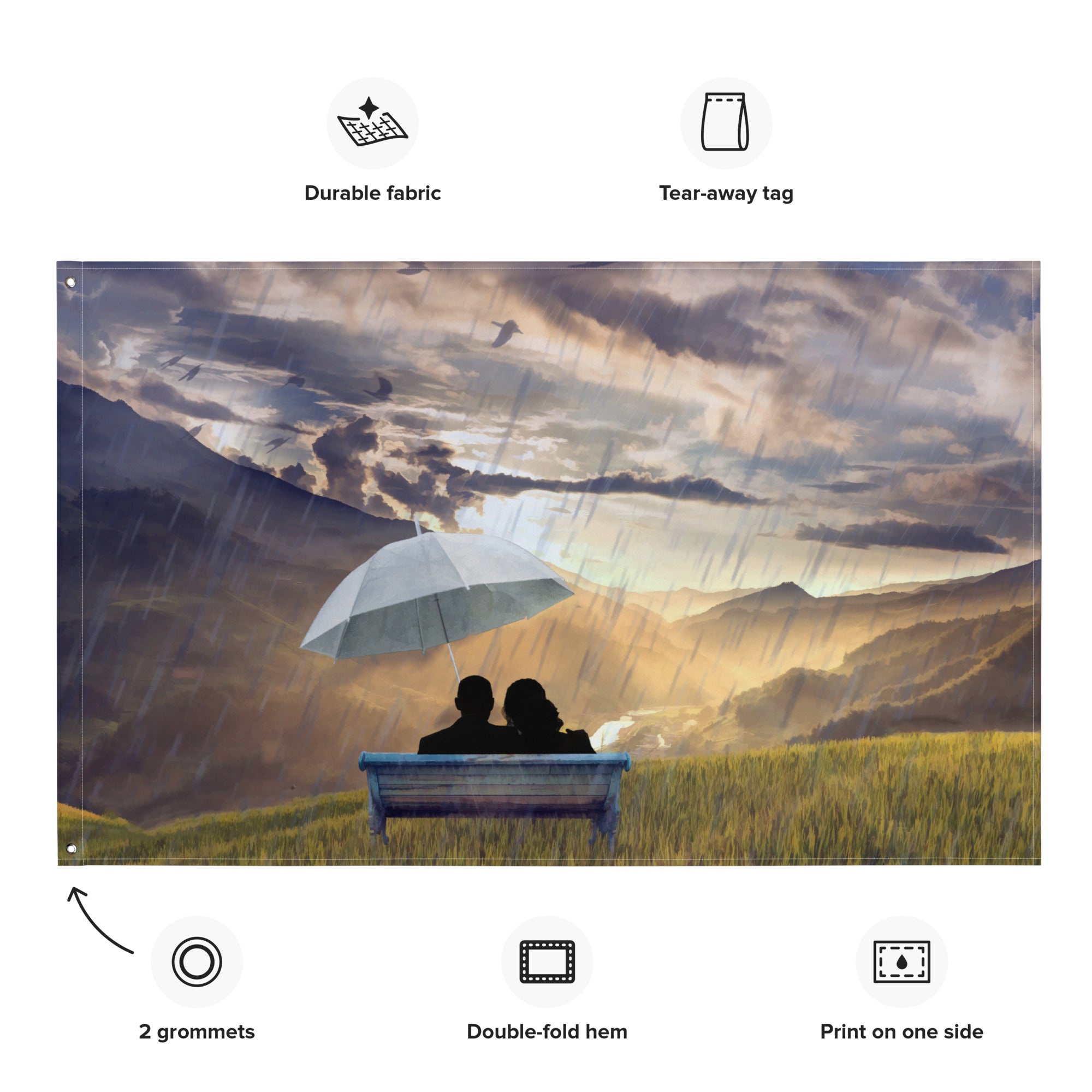 Love in Rain  Couple Painting Flag Tapestry-1