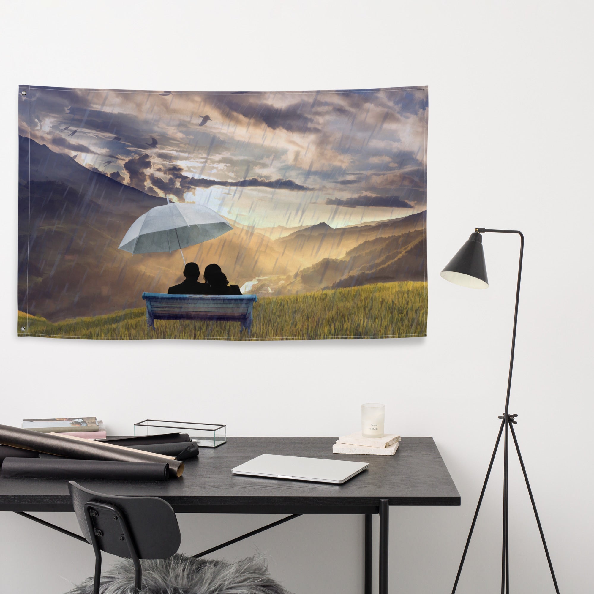 Love in Rain  Couple Painting Flag Tapestry-3