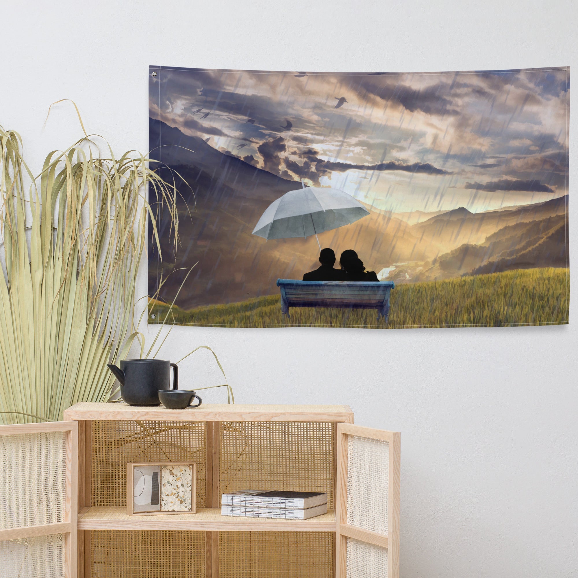 Love in Rain  Couple Painting Flag Tapestry-4