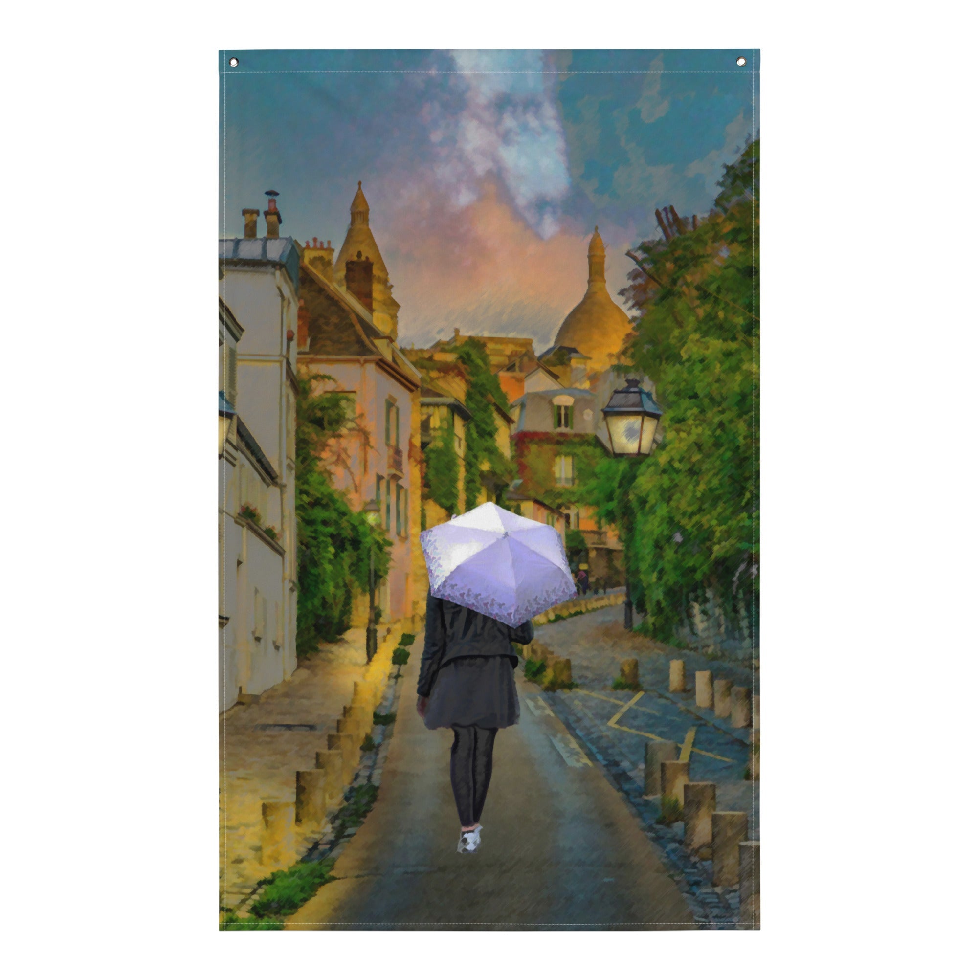 Paris Street Walk Painting Flag Tapestry-0