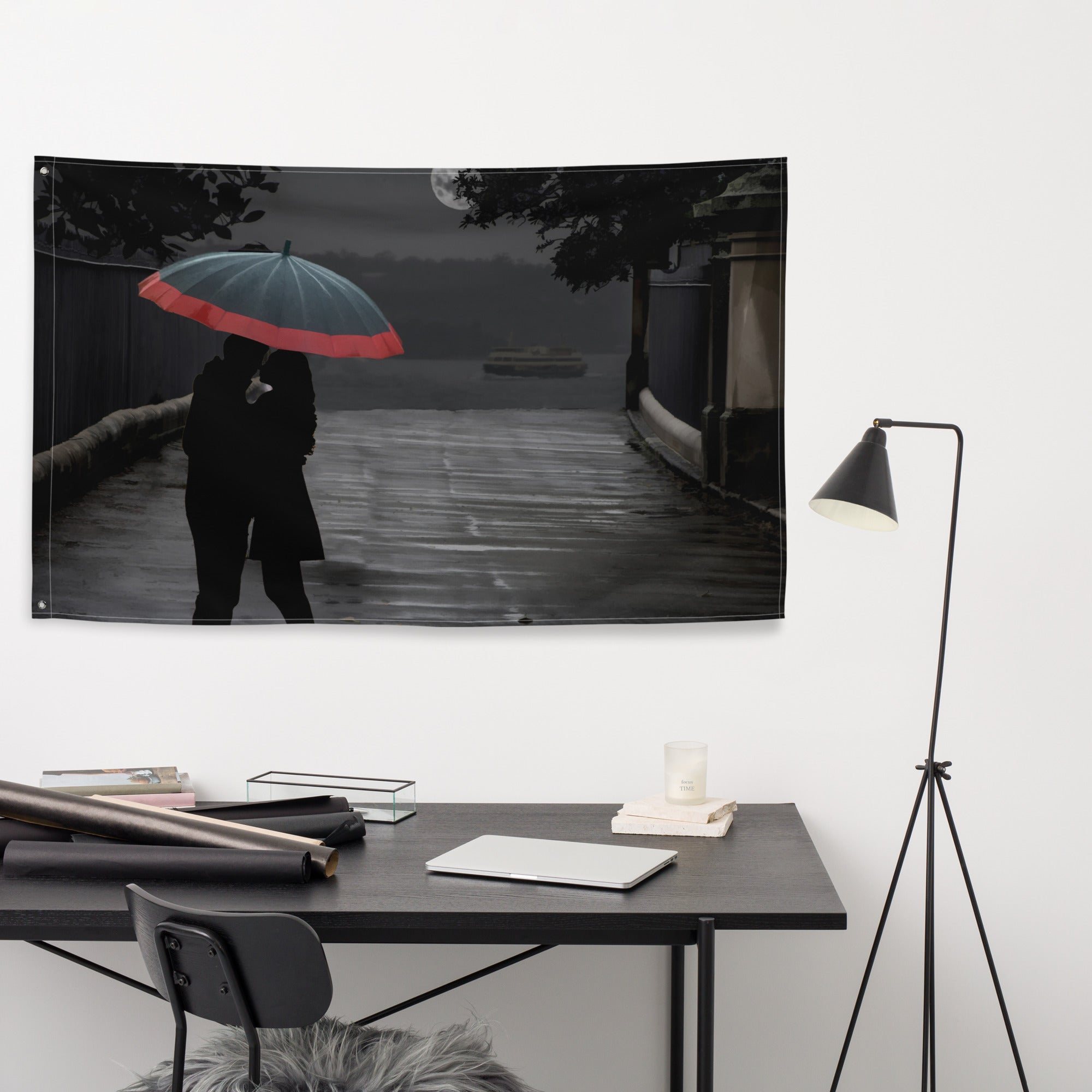 Grey Couple Umbrella Painting Flag Tapestry-3