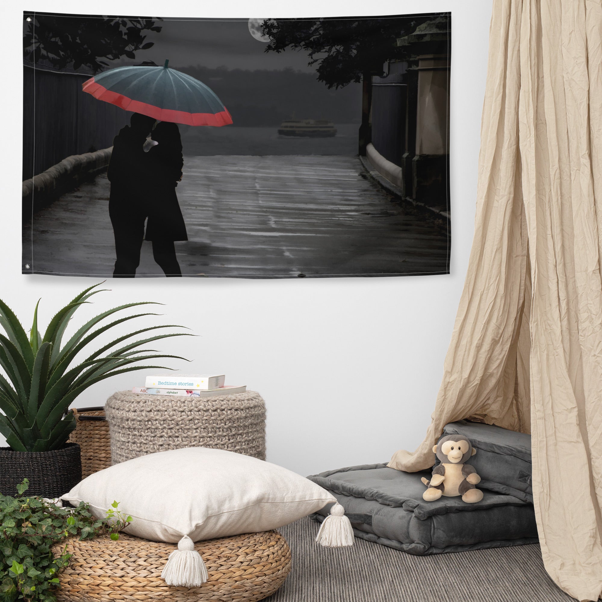Grey Couple Umbrella Painting Flag Tapestry-4