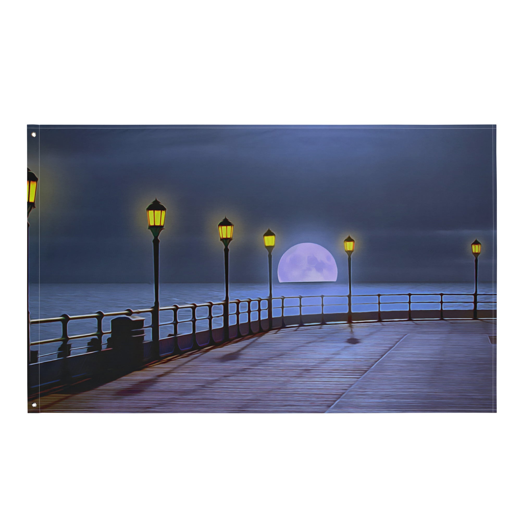 Beach Side Moon Walk Painting Flag Tapestry-0