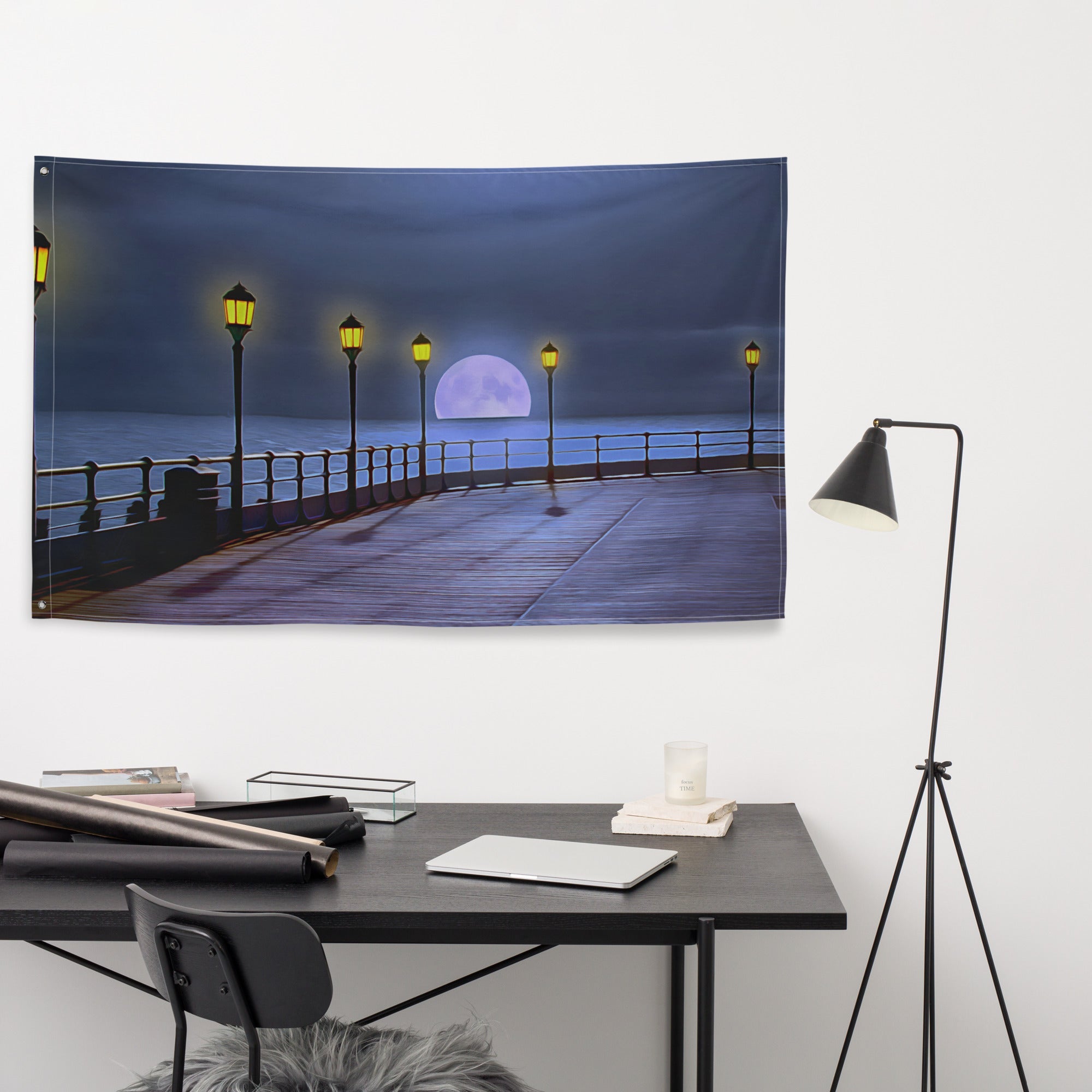 Beach Side Moon Walk Painting Flag Tapestry-3