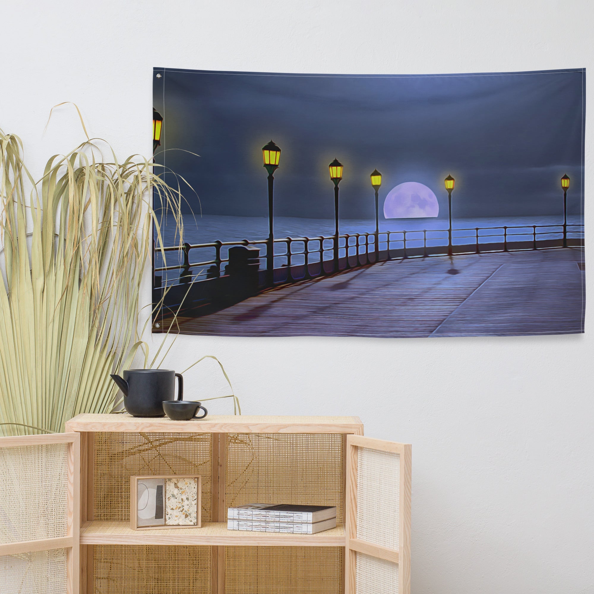 Beach Side Moon Walk Painting Flag Tapestry-4