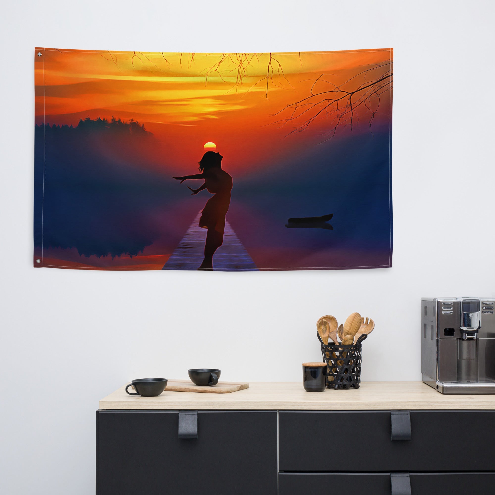 Sunrise Ocean Love in the Air Painting Flag Tapestry-4