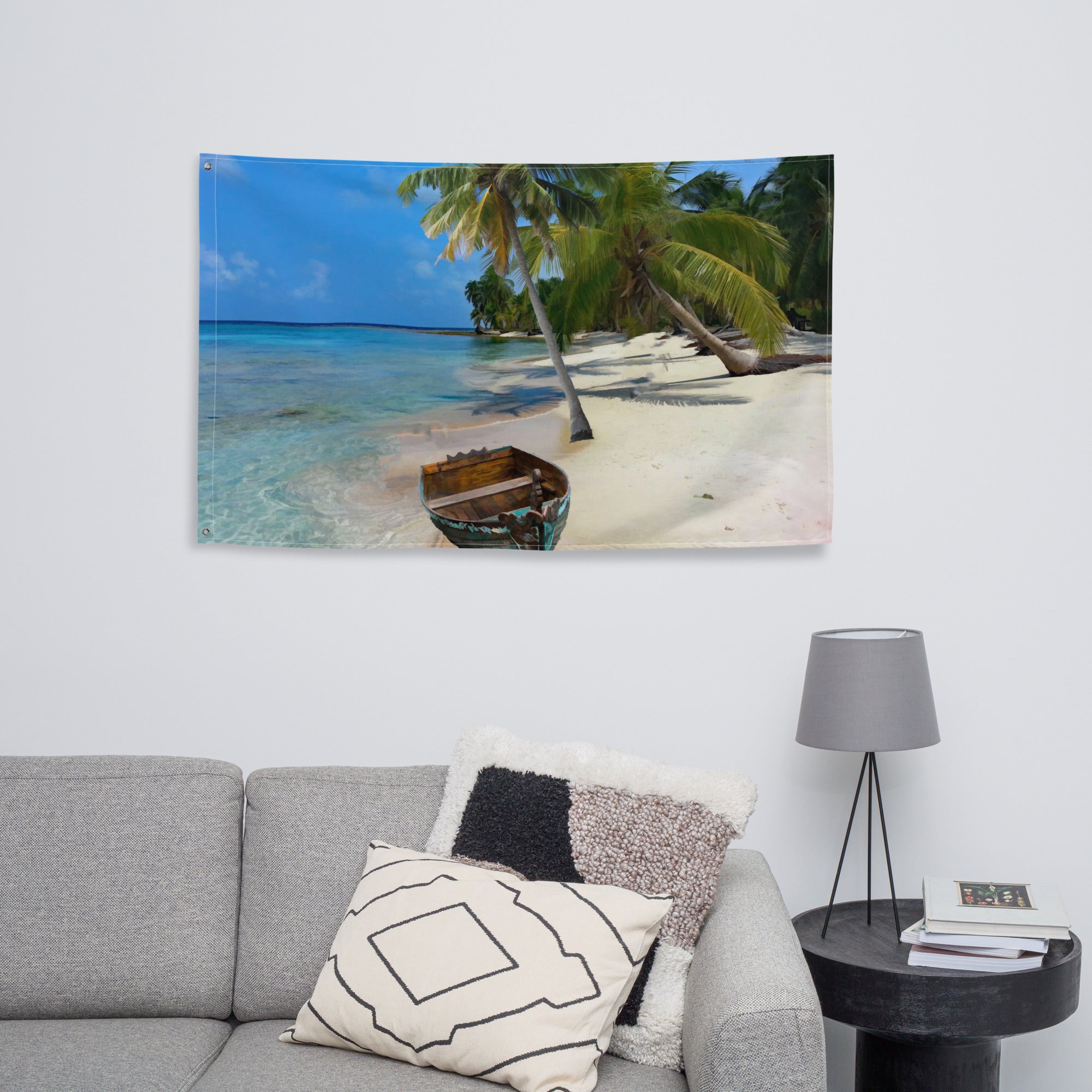 Coconut Trees Ocean Painting Flag Tapestry-3