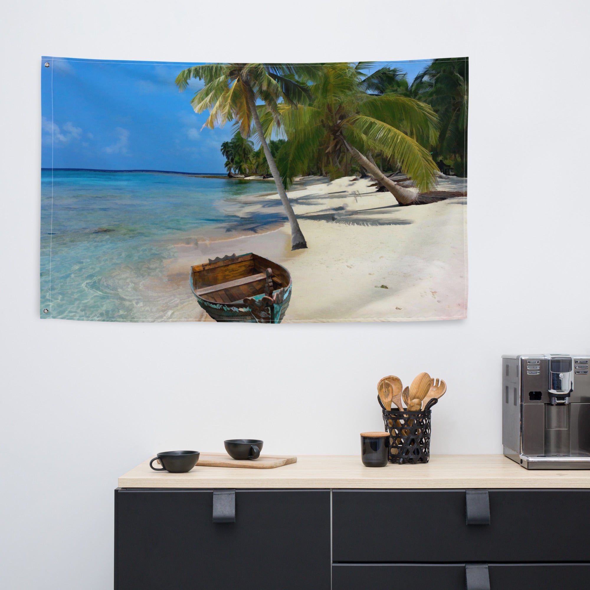 Coconut Trees Ocean Painting Flag Tapestry-4