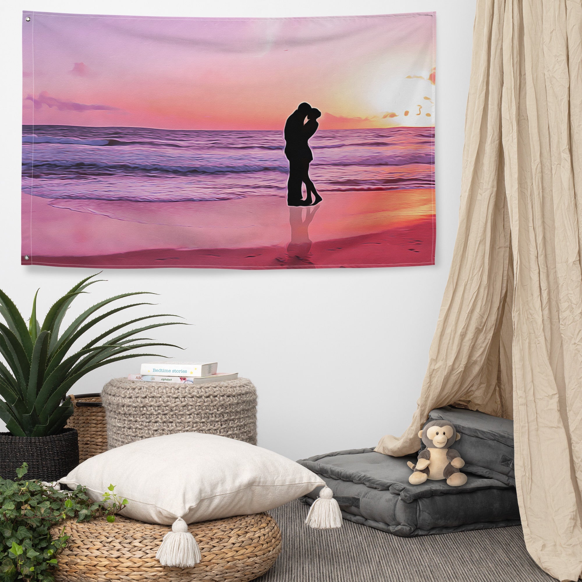 Kiss on Beach Ocean  Painting Flag Tapestry-4